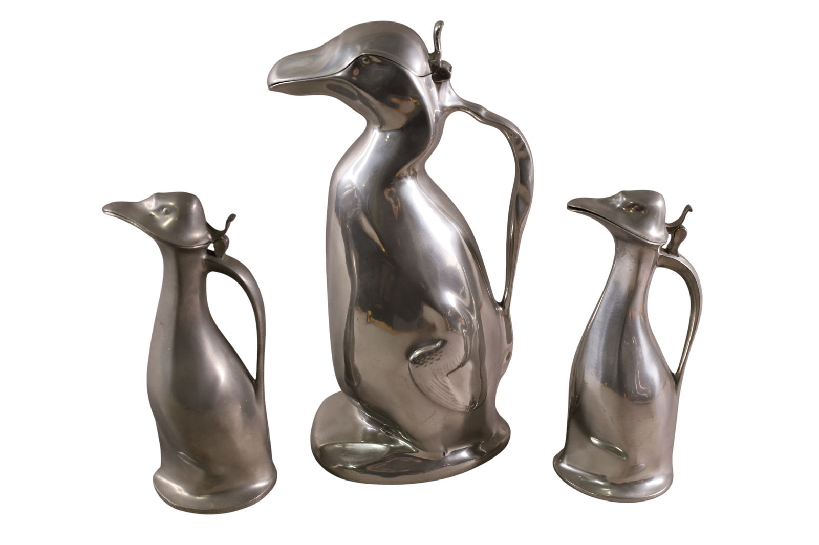 3 PEWTER PENGUIN PITCHERS: 3 KAYSERZINN 4858 PITCHERS, 8" H. & LARGE PENGUIN PITCHER, 4433 11" H.
