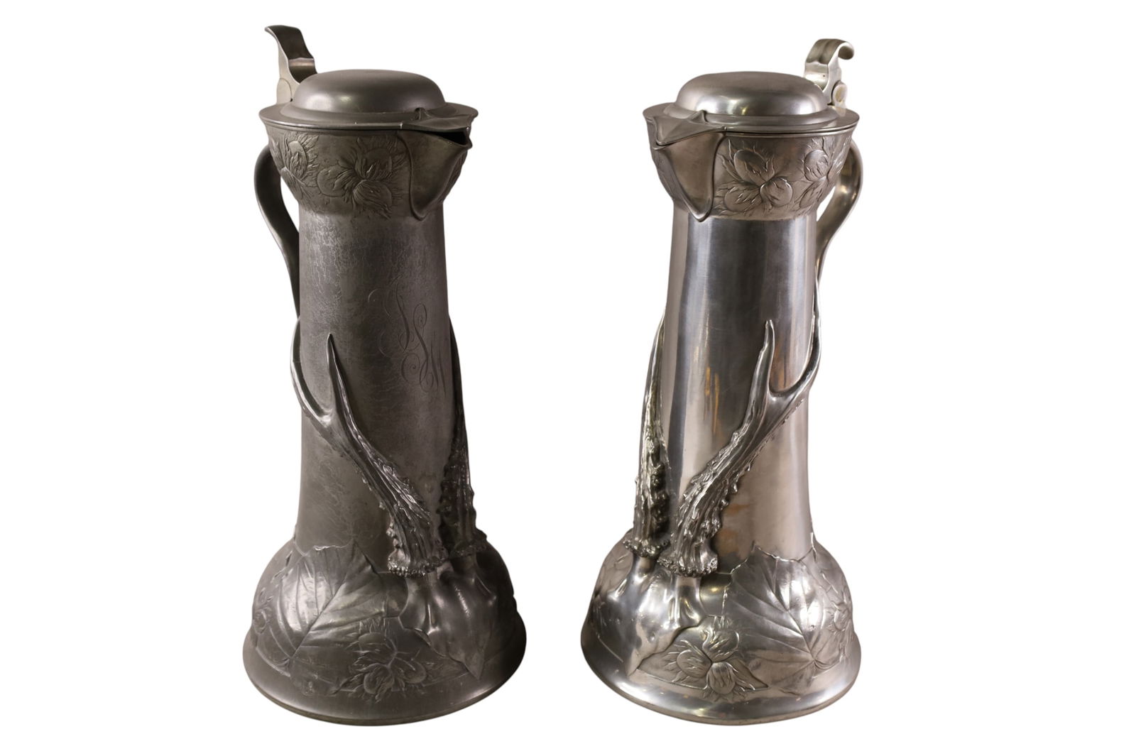 PAIR OF LARGE PEWTER TANKARDS: PAIR OF LARGE STAG FORM TANKARDS, 4305, KAYSERZINN PEWTER TANKARDS. 15" H.