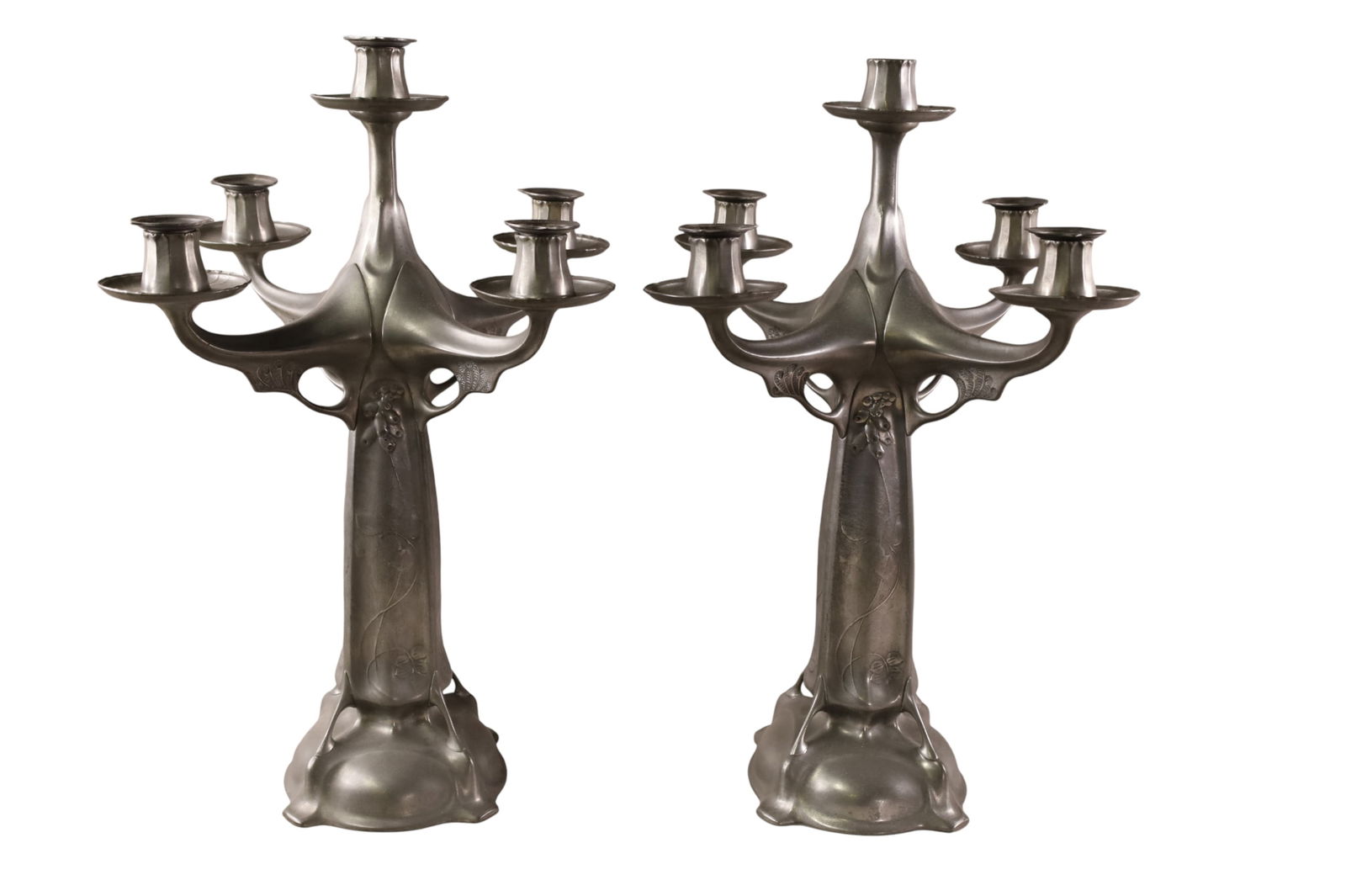 PAIR OF ART NOUVEAU CANDELABRAS: PAIR OF TALL KAYSERZINN PEWTER 5 ARM CANDELABRAS, MISSING ONE CUP. 19" H.
