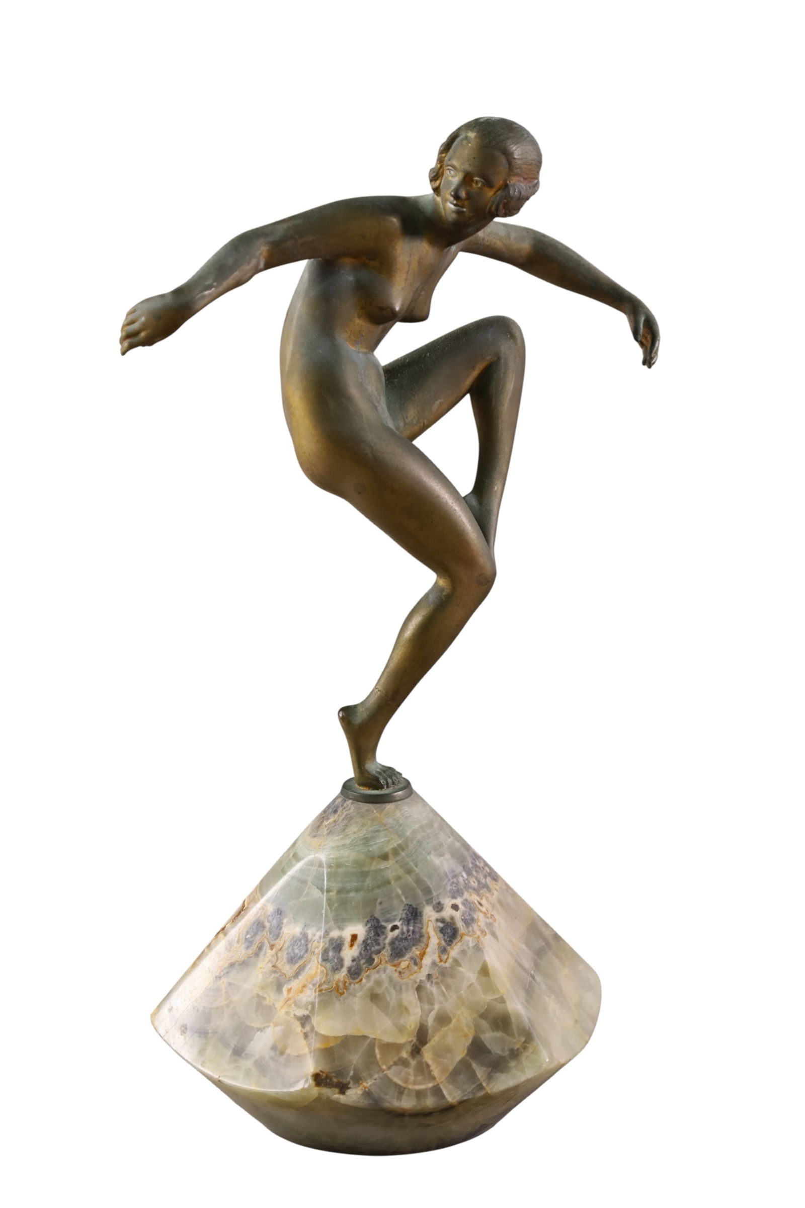 ART NOUVEAU BRONZE: FEMALE NUDE FIGURE, ON MARBLE BASE, ART NOUVEAU BRONZE. WEAR TO FINISH. 12" H.