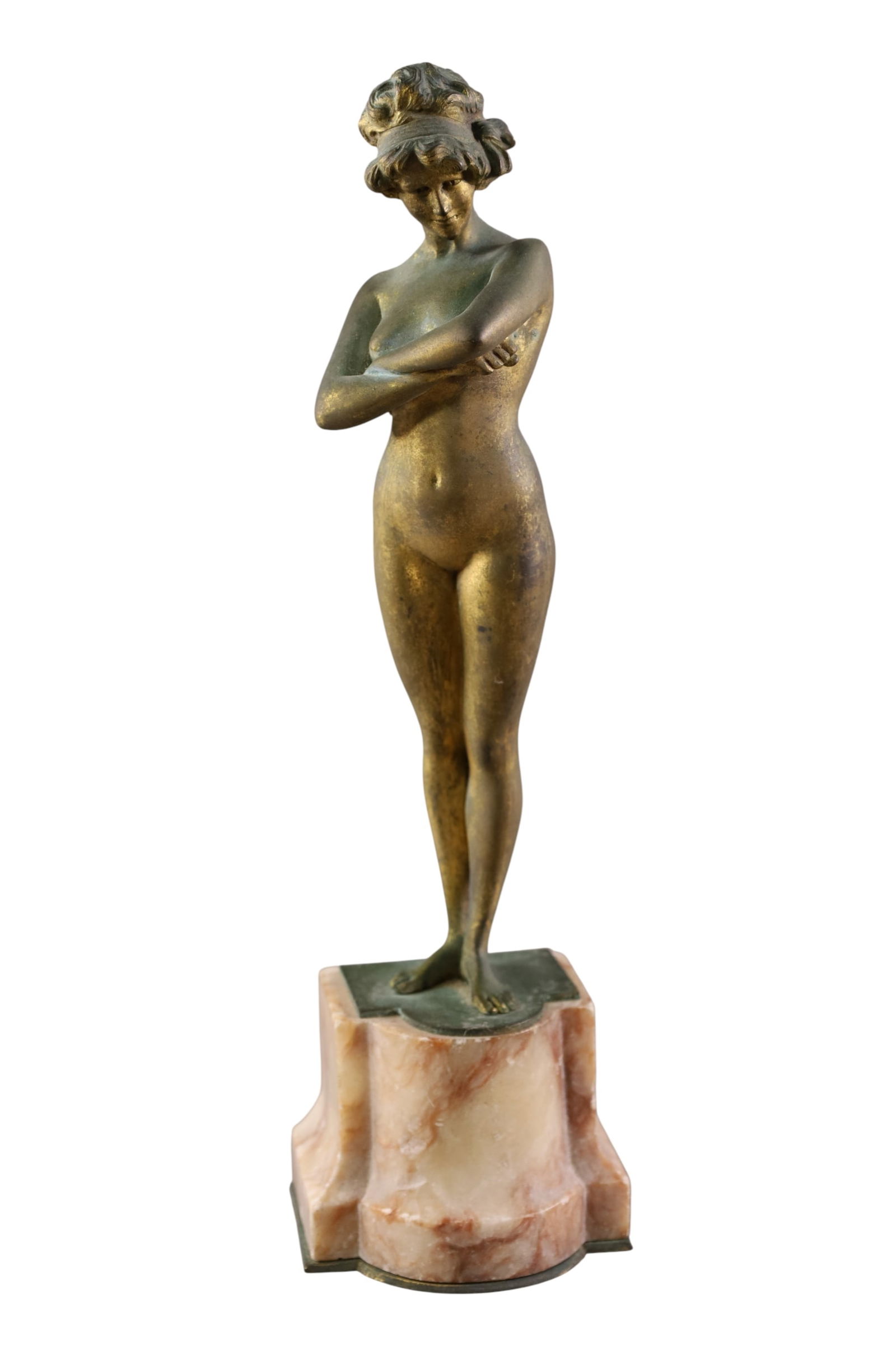 ART NOUVEAU BRONZE: FEMALE NUDE FIGURE, ON MARBLE BASE. WEAR TO FINISH. 12" H.