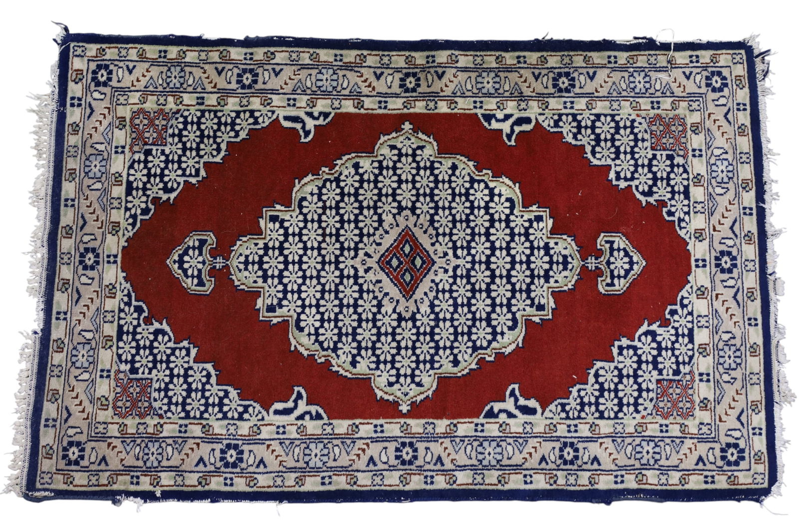 APPROX 4' 1" x 2' 8" HANDMADE WOO RUG: END LOSS, EDGE WEAR.