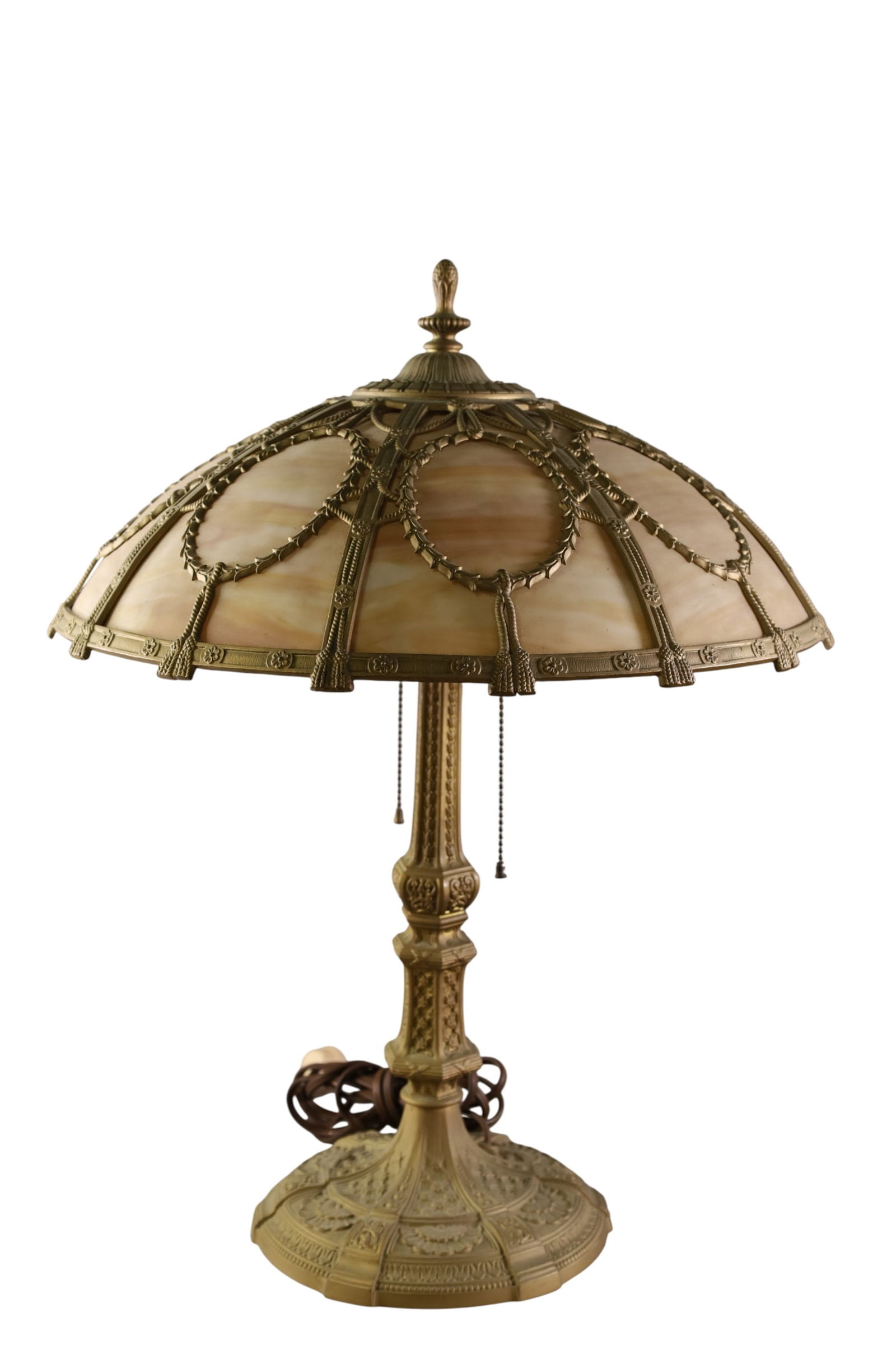 1920'S SLAG GLASS TABLE LAMP: DOUBLE SOCKET, CARMEL SLAG GLASS TABLE LAMP, 8 PANELS, CRACK TO ONE PANEL. 18" DIAM x 24 1/2" H.