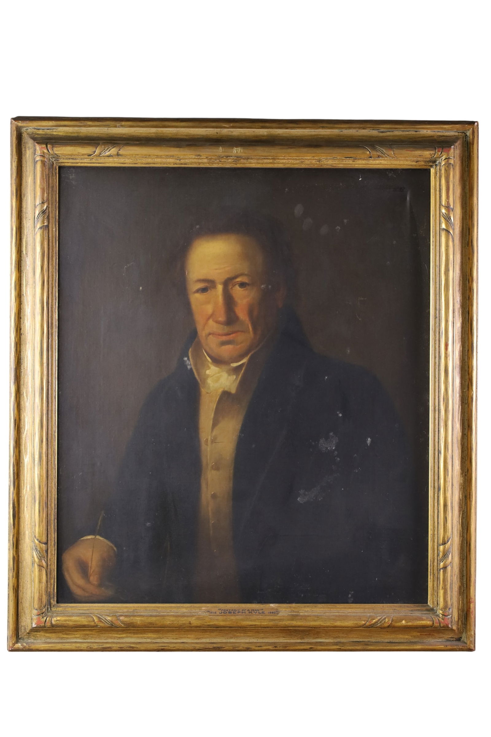 ANTIQUE PORTRAIT PAINTING: OIL ON CANVAS, BY JOSEPH KYLE ON TAG, IN GILT FRAME. TITLED PORTRAIT OF A MAN. 29 1/2" x 33 1/2"