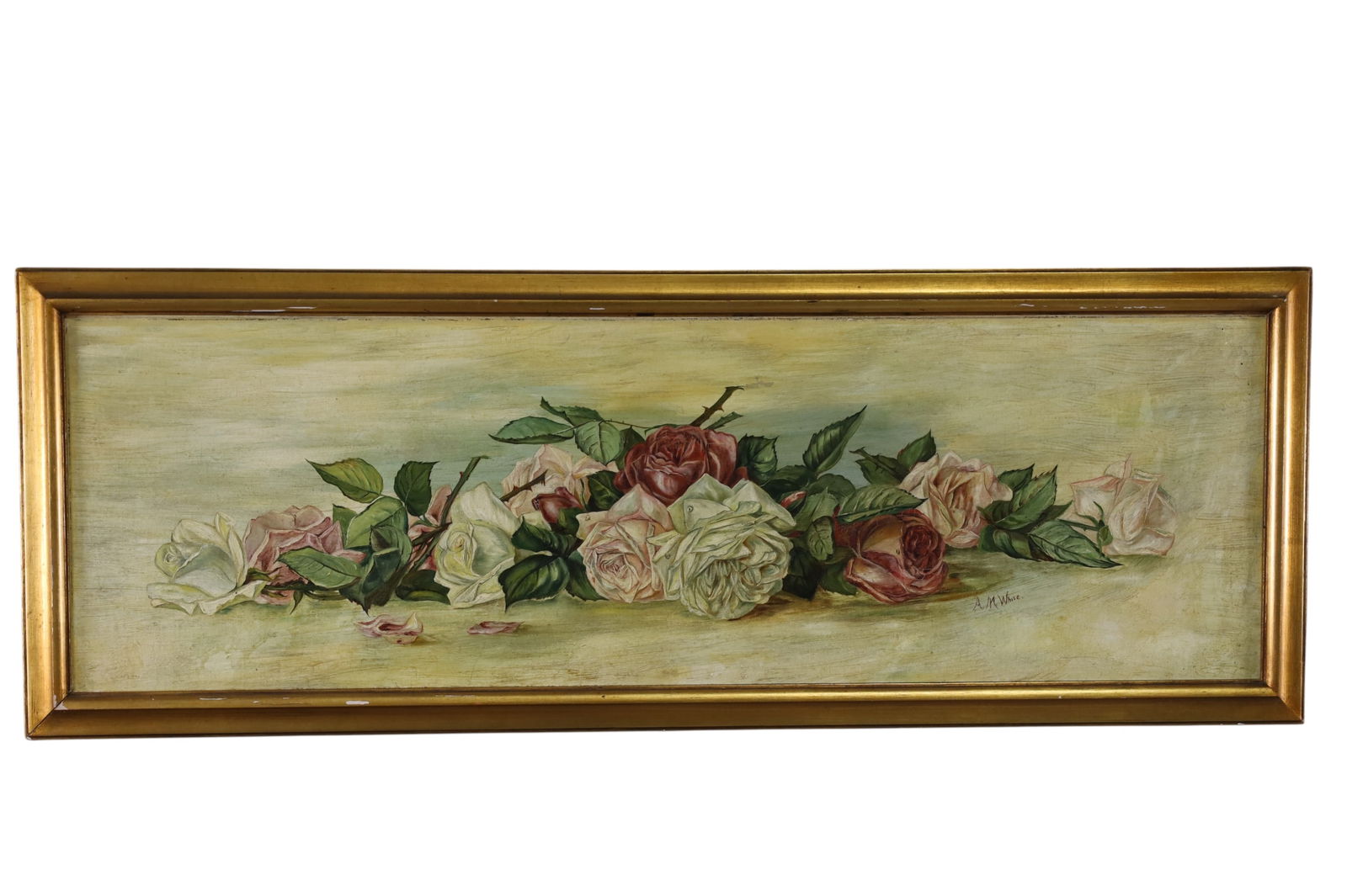 ANTIQUE FLORAL STILL LIFE PAINTING: OIL ON BOARD, FLORAL STILL LIFE OF ROSES. A. M. WHITE. 40 1/2" x 15"