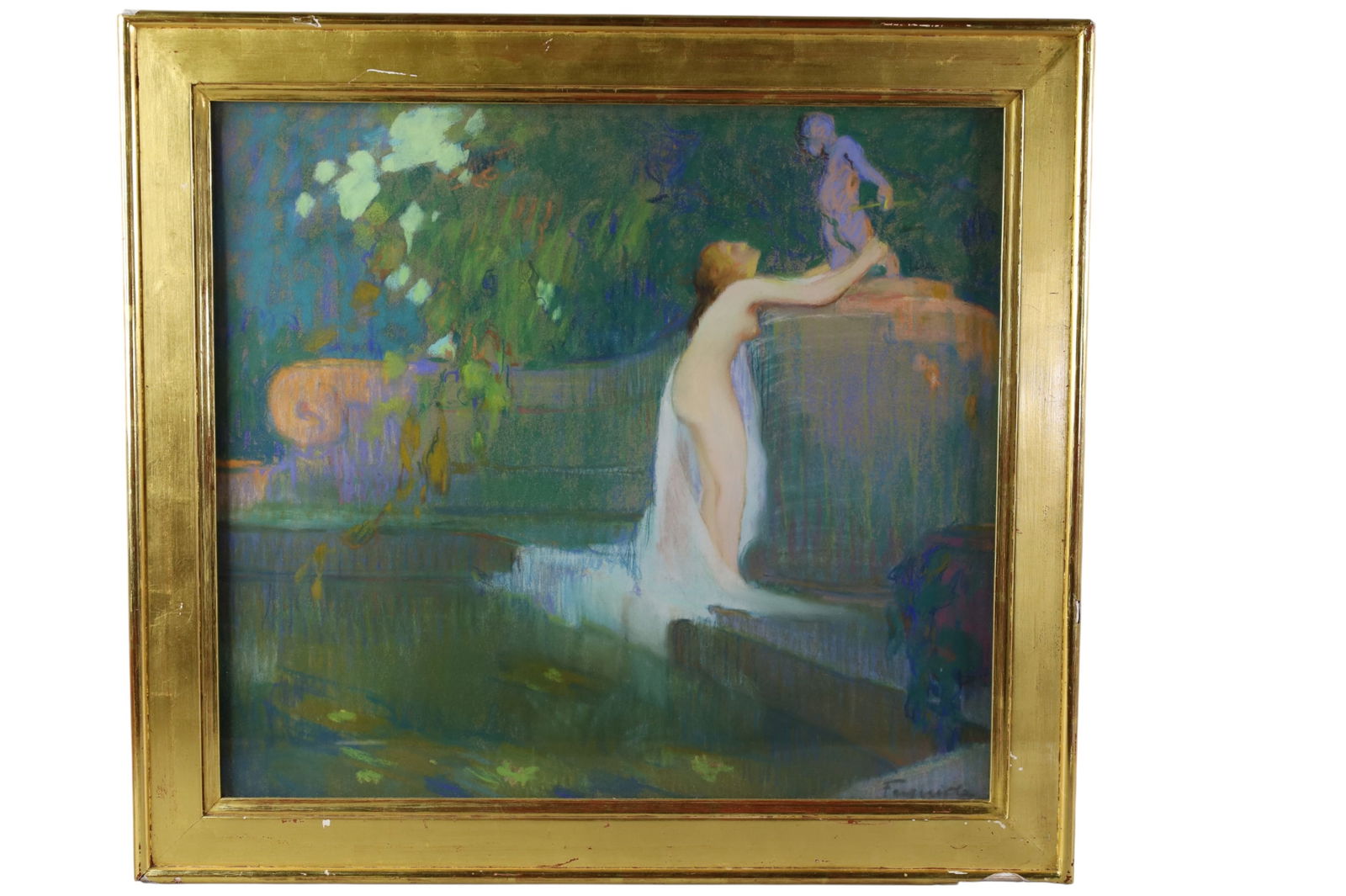 FERDINAND FERGEOT ART NOUVEAU PASTEL: ART NOUVEAU PASTEL UNDER GLASS, SIGNED LOWER RIGHT, FERDINAND FERGEOT, 26" x 24"