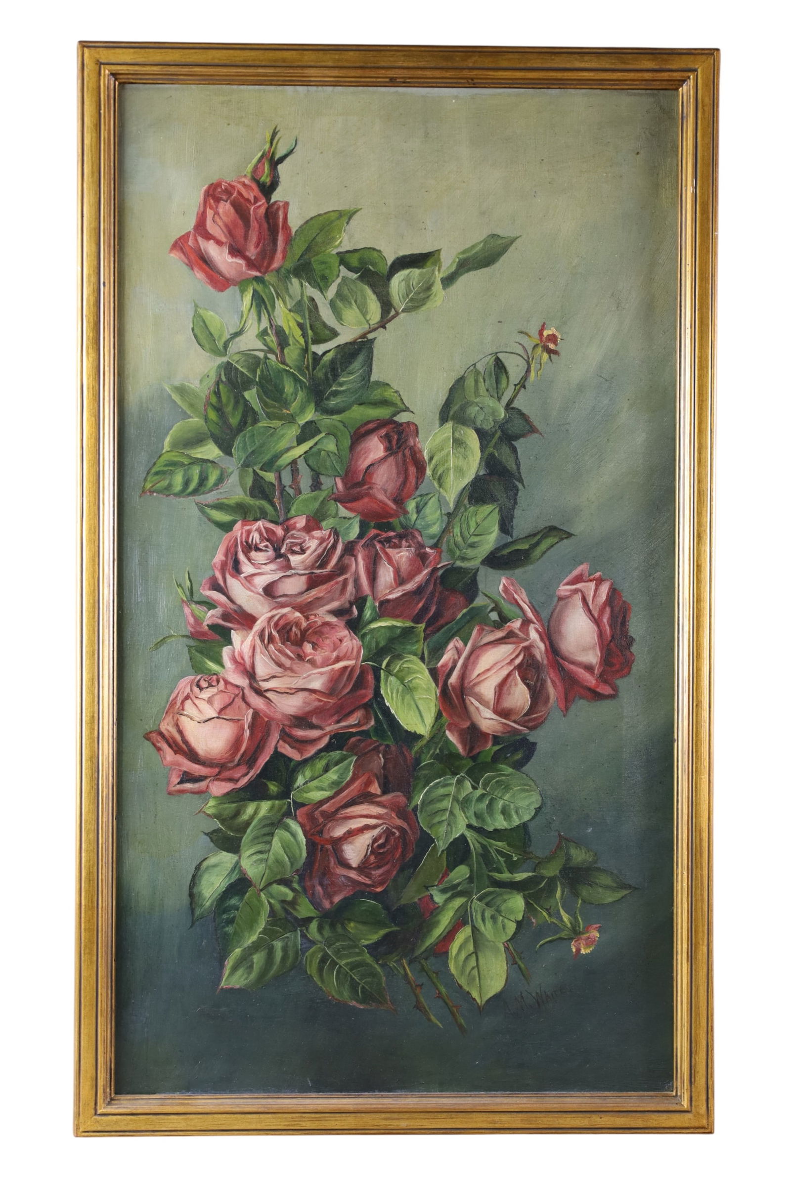 ANTIQUE FLORAL STILL LIFE: OIL ON CANVAS, SIGNED A.M. WHITE, FLORAL STILL LIFE PAINTING. 19" x 32"