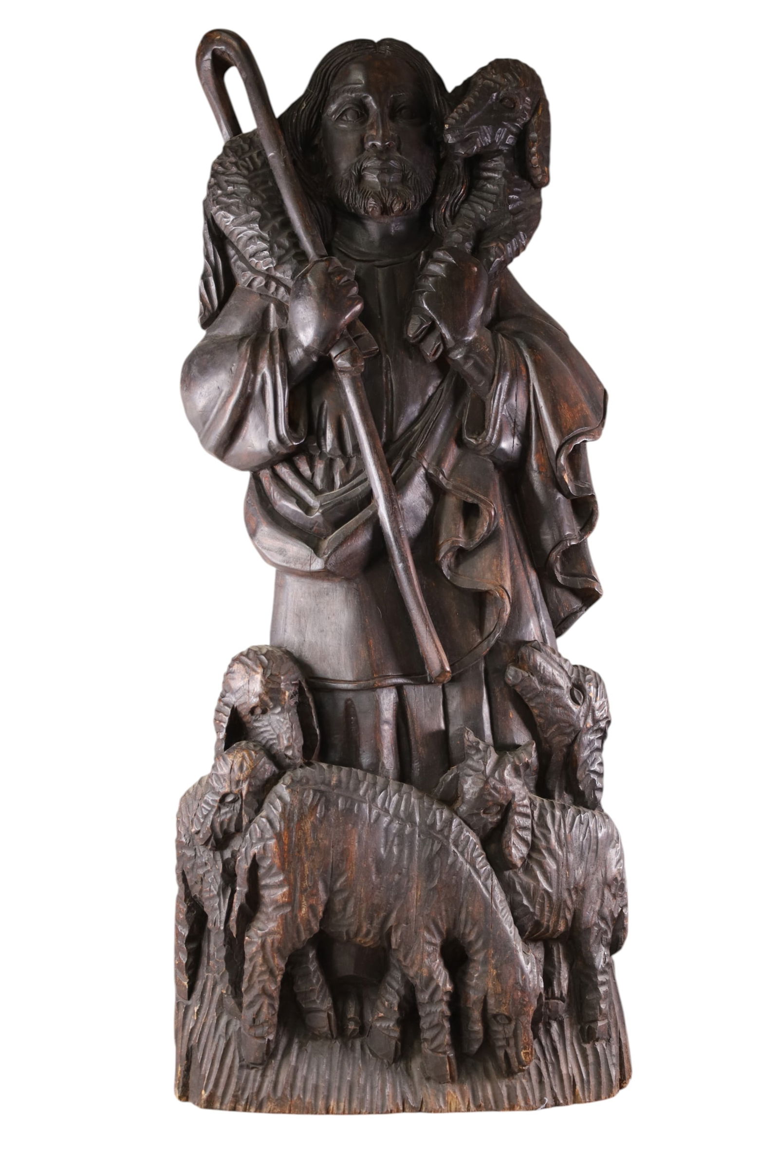 HIGHLY CARVED RELIGIOUS PANEL: FIGURAL RELIGOUS PANEL, WITH SHEEP. 18" W x 42" H. THIS ITEM EXCEEDS SIZE LIMITATIONS FOR IN HOUSE SHIPPING, MUST BE PICKED UP IN HOUSE OR SHIPPED VIA 3rd PARTY GROUND SHIPPER.