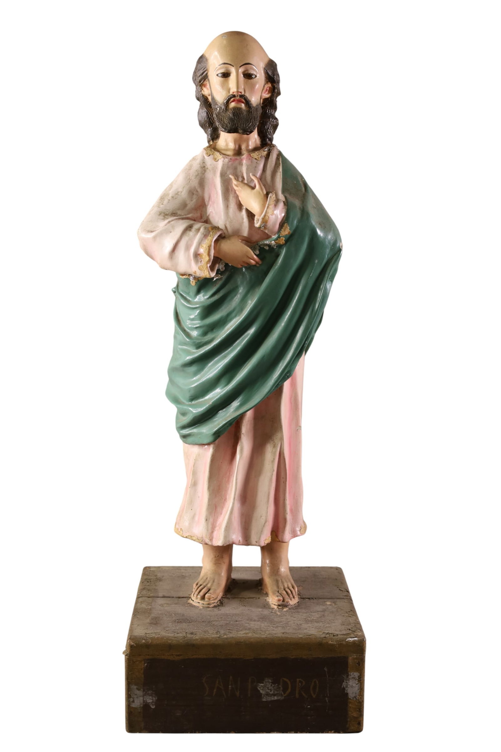 RELIGIOUS SANTO: ST JAMES THE APOSTLE RELIGIOUS SANTO FIGURE, POLYCHROME PAINTED. 25" H.