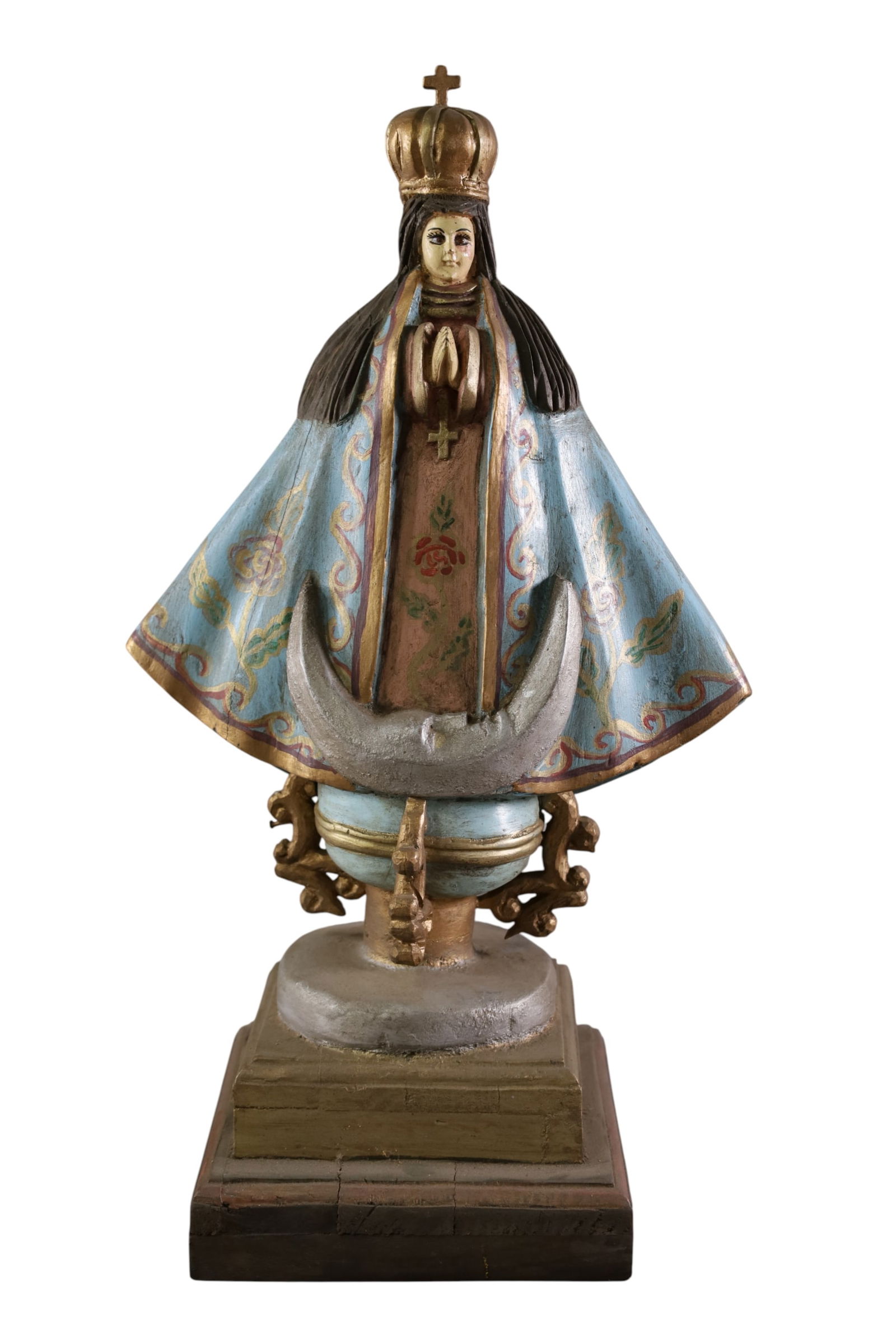SMALL RELIGIOUS SANTO: CARVED WOODEN RELIGIOUS SANTO, OUR LADY OF APARECIDA, POLYCHROME PAINTED. 20" H.