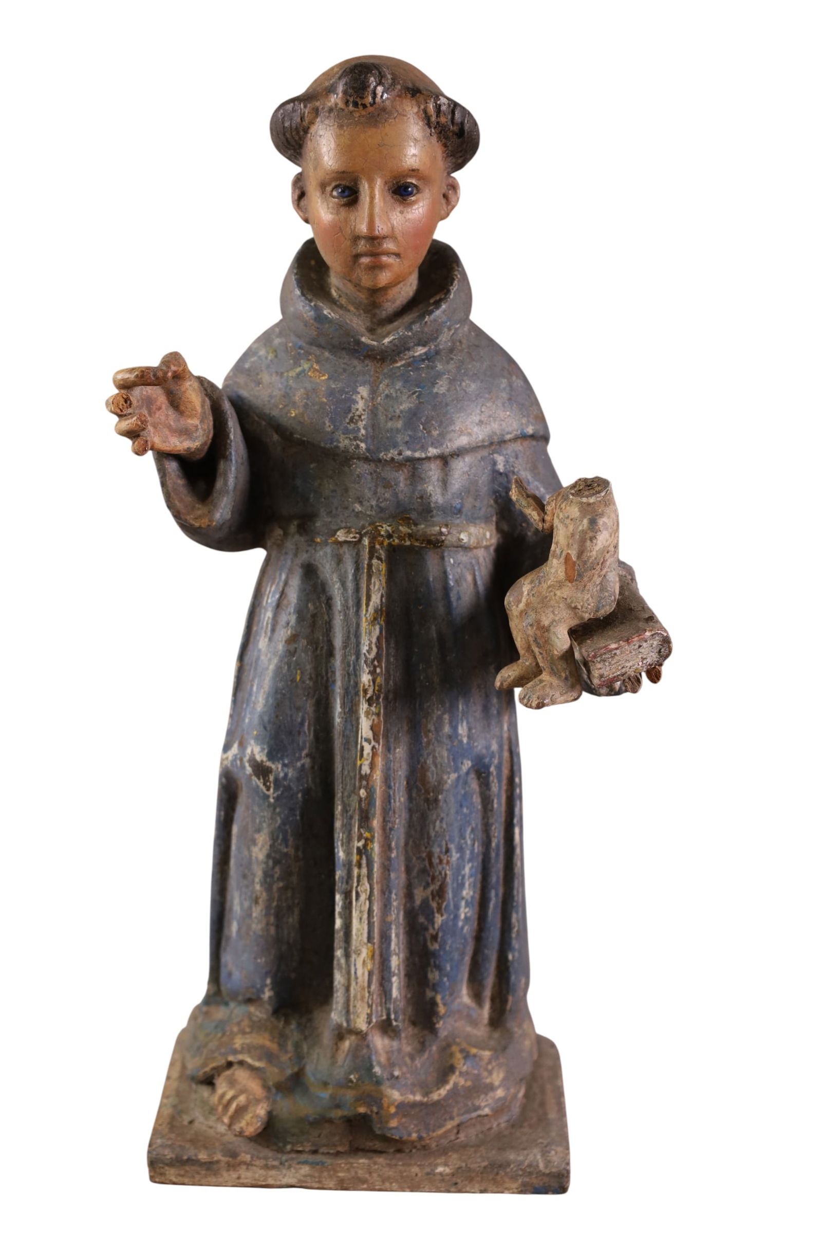 SMALL RELIGIOUS SANTO: WOODEN CARVED RELIGIOUS SANTO, MISSING PIECES. BREAKS. PAINT LOSS. 15" H.