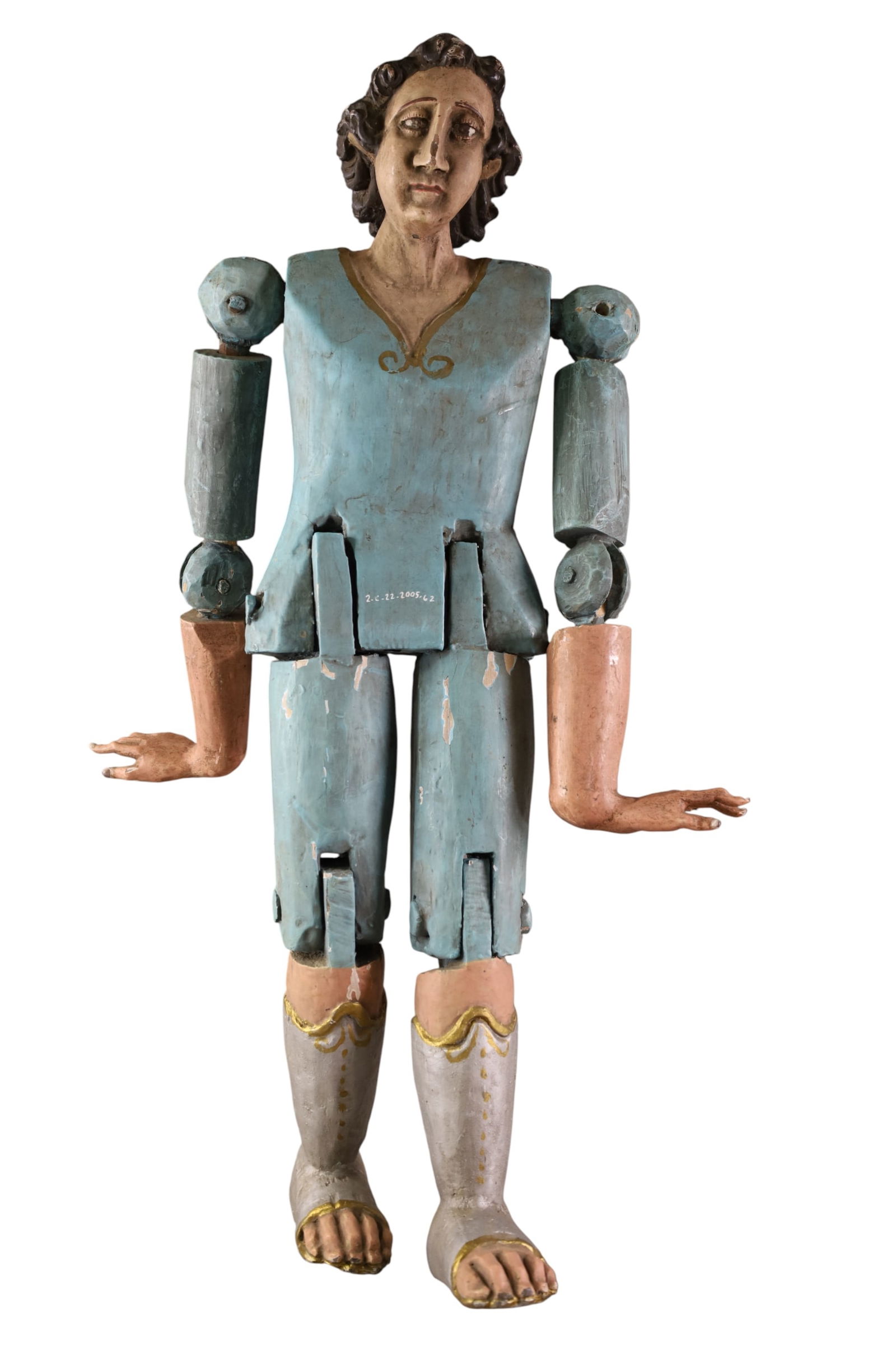 ARTICULATED SANTO FIGURE: LARGE CARVED WOOD ARTICULATED SANTO FIGURE, JOINTED LIMBS. 30" H.