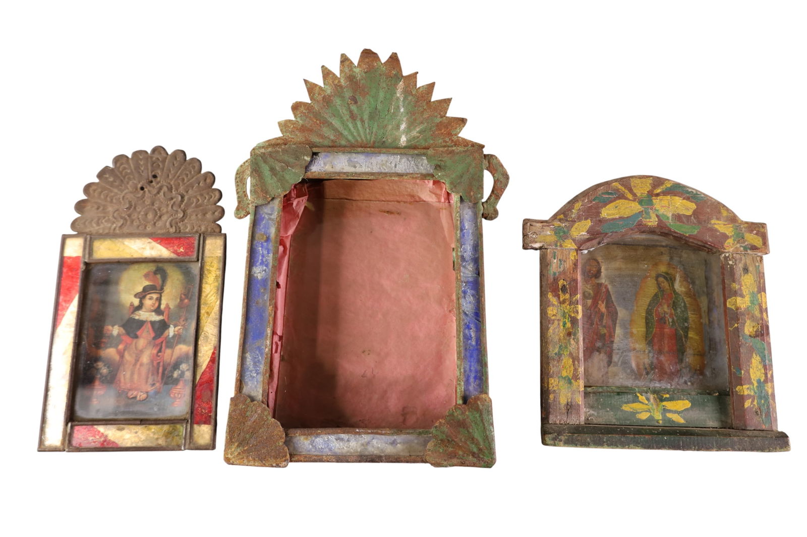 3 RELIGIOUS PAINTED SHADOWBOXES: 3 ANTIQUE METAL AND WOOD RELIGIOUS SHADOWBOX FRAMES. 9" - 13" H.