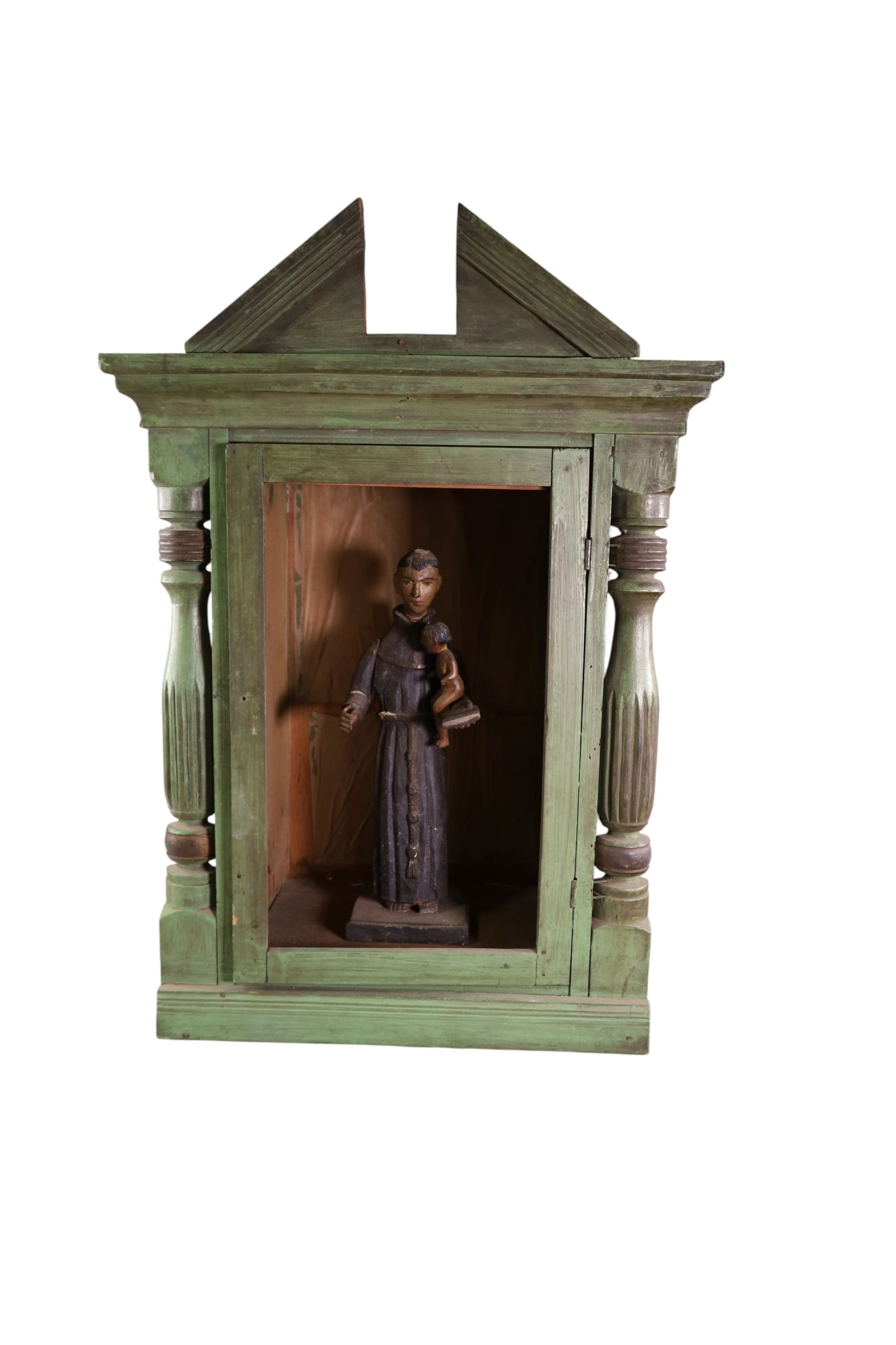 RELIGIOUS SANTO IN SHRINE: ST ANTHONY OF PADUA, CARVED WOODEN SANTO IN SHRINE, MISSING FRONT GLASS. 16" H & 20 1/2" x 30" THIS ITEM EXCEEDS SIZE LIMITATIONS FOR IN HOUSE SHIPPING, MUST BE PICKED UP IN HOUSE OR SHIPPED VIA 3rd P