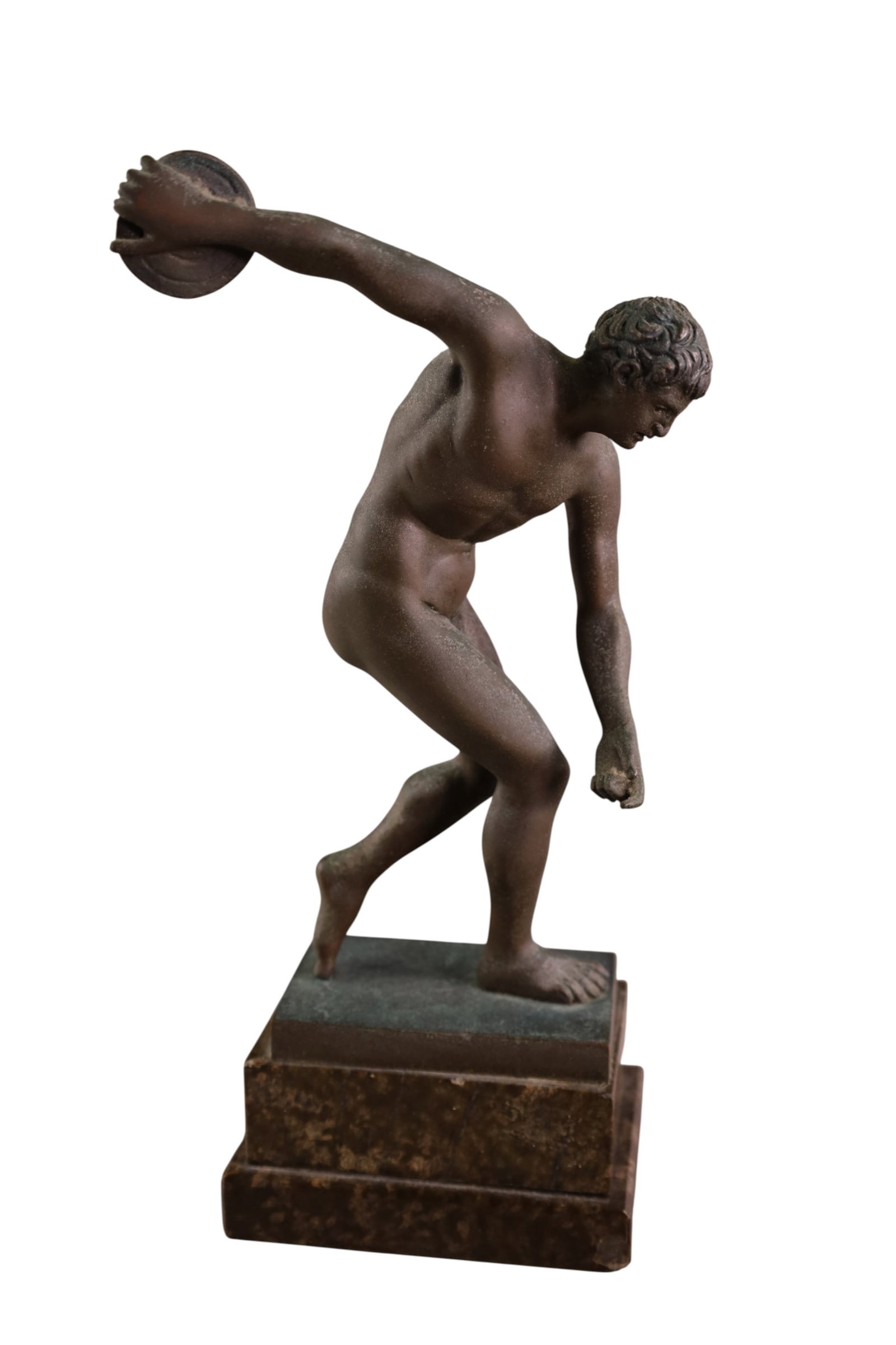 BRONZE DISCUS THROWER: BRONZE DISCUS THROWER FIGURE, ON MARBLE BASE, 12" H.