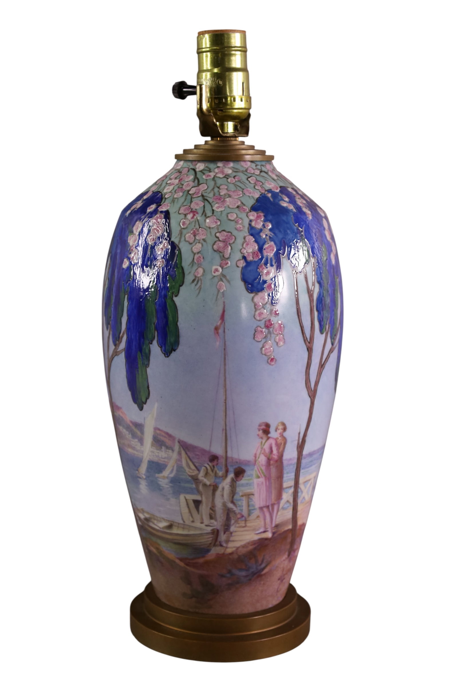 FRENCH HAND PAINTED PORCELAIN LAMP: ARTIST SIGNED, FRENCH PORCELAIN LAMP, MAXANT. BOATING SCENE. 16" H. NEEDS PLUG.