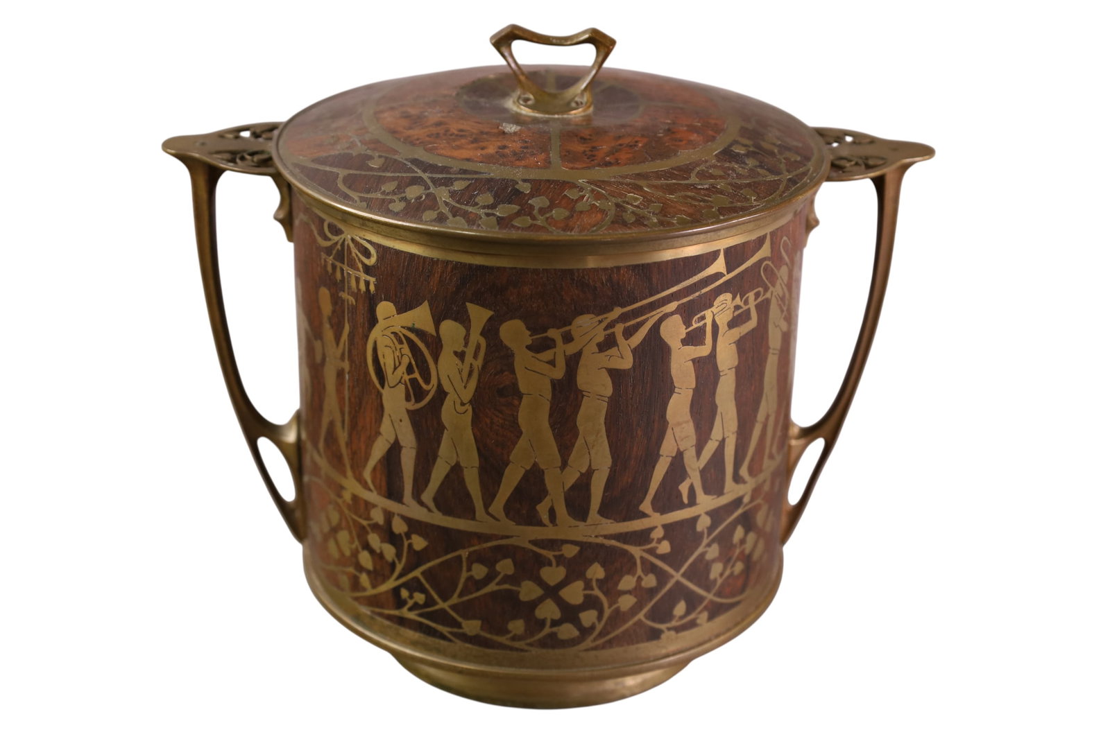 ART NOUVEAU ICE BUCKET: BRASS INLAID ART NOUVEAU ICE BUCKET, LIDDED. BY ERHARD & SOHNE. 9" W x 7 1/2" H.