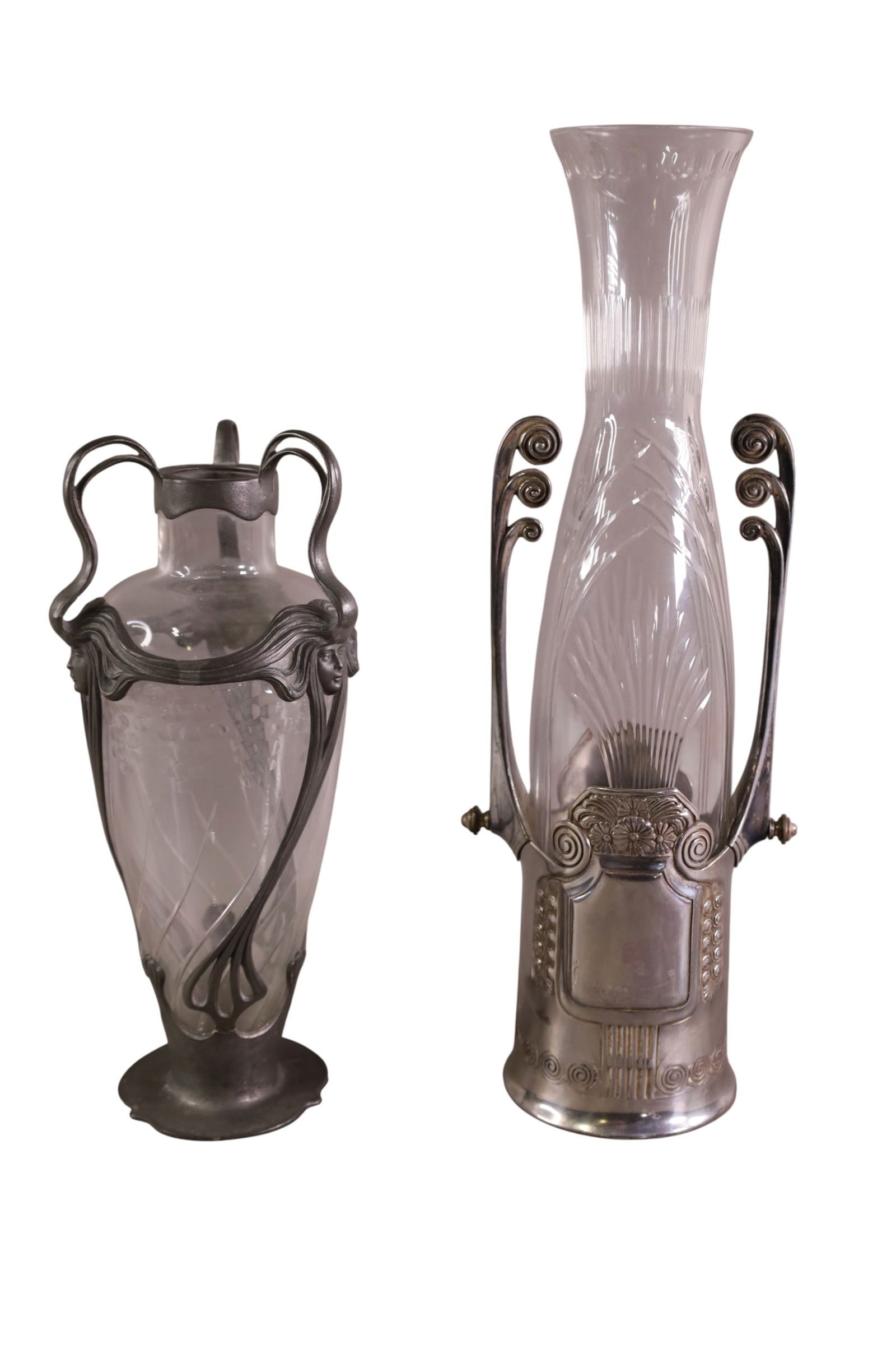 2 ART NOUVEAU VASES: ORIVIT ART NOUVEAU 3 HANDLED VASE, WITH ETCHED CRYSTAL INSERTS. 11 1/2" - 16" H.