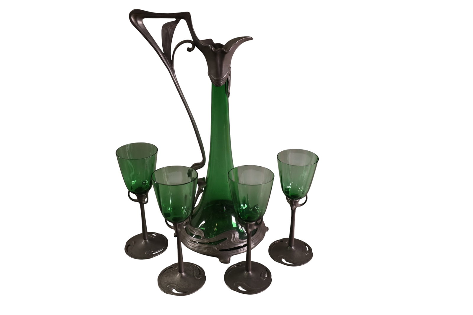 5 PIECE ART NOUVEAU PEWTER & GLASS DRINK SET: GREEN EMERALD GLASS AND PEWTER 5 PIECE DRINK SET. 7" H & 14 1/2" H.