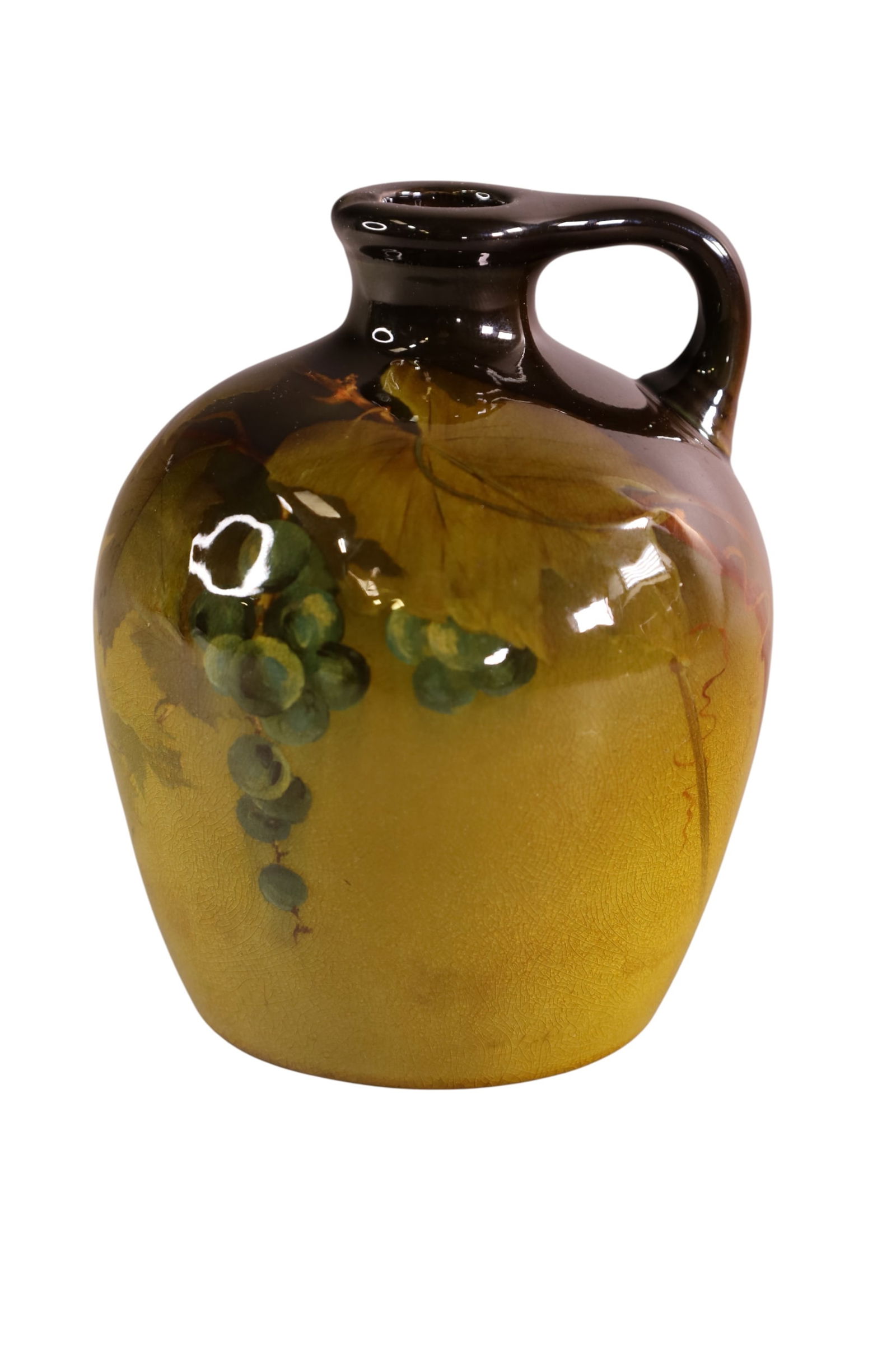 ROOKWOOD JUG: ED DIERS ROOKWOOD STANDARD GLAZE JUG, GRAPE MOTIF. 6" H.