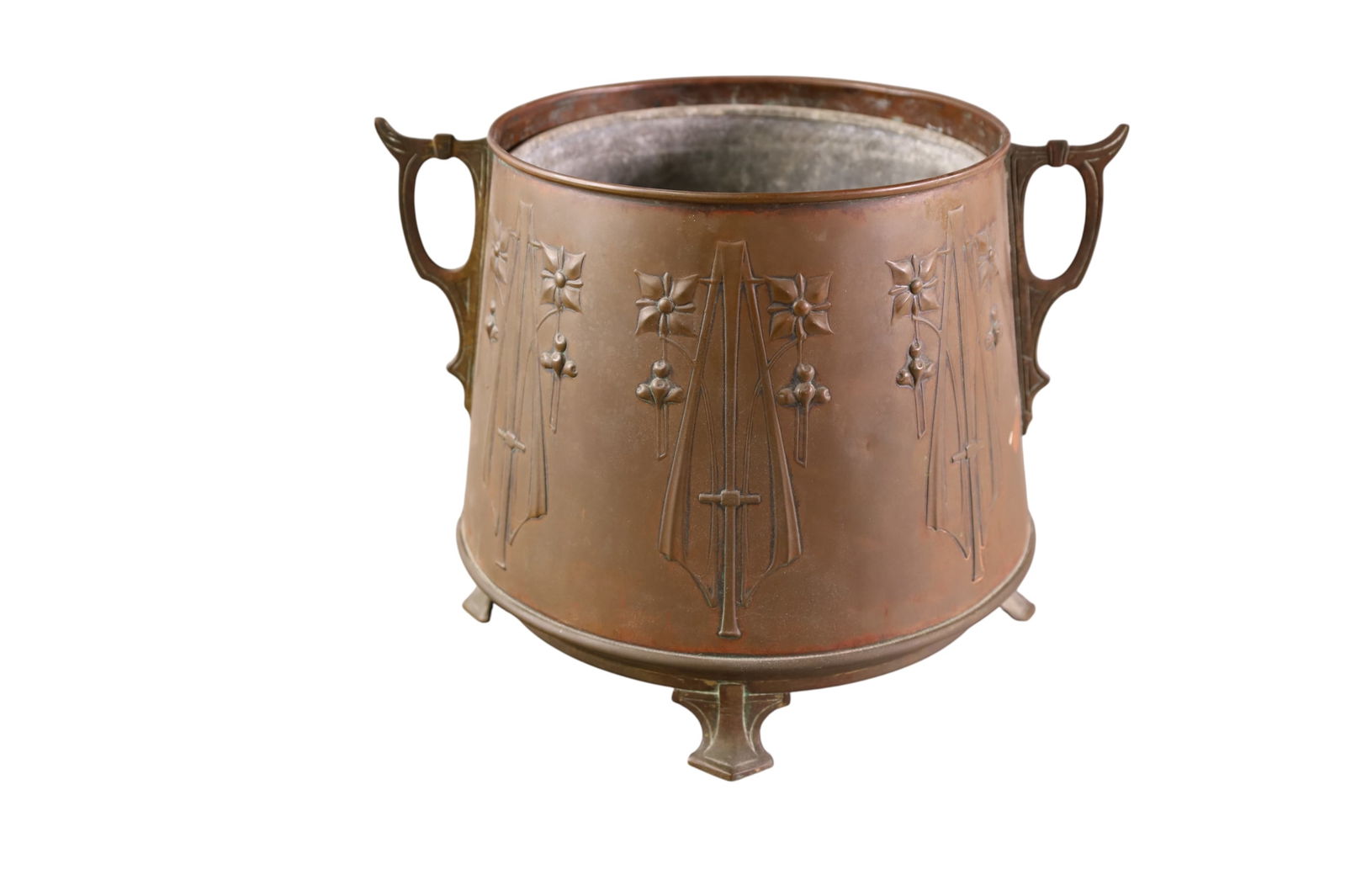 ARTS & CRAFTS COPPER JARDINIERE: EUROPEAN FOOTED TWO HANDLED JARDINIERE. WITH LINER. 8" DIAM x 9" H.