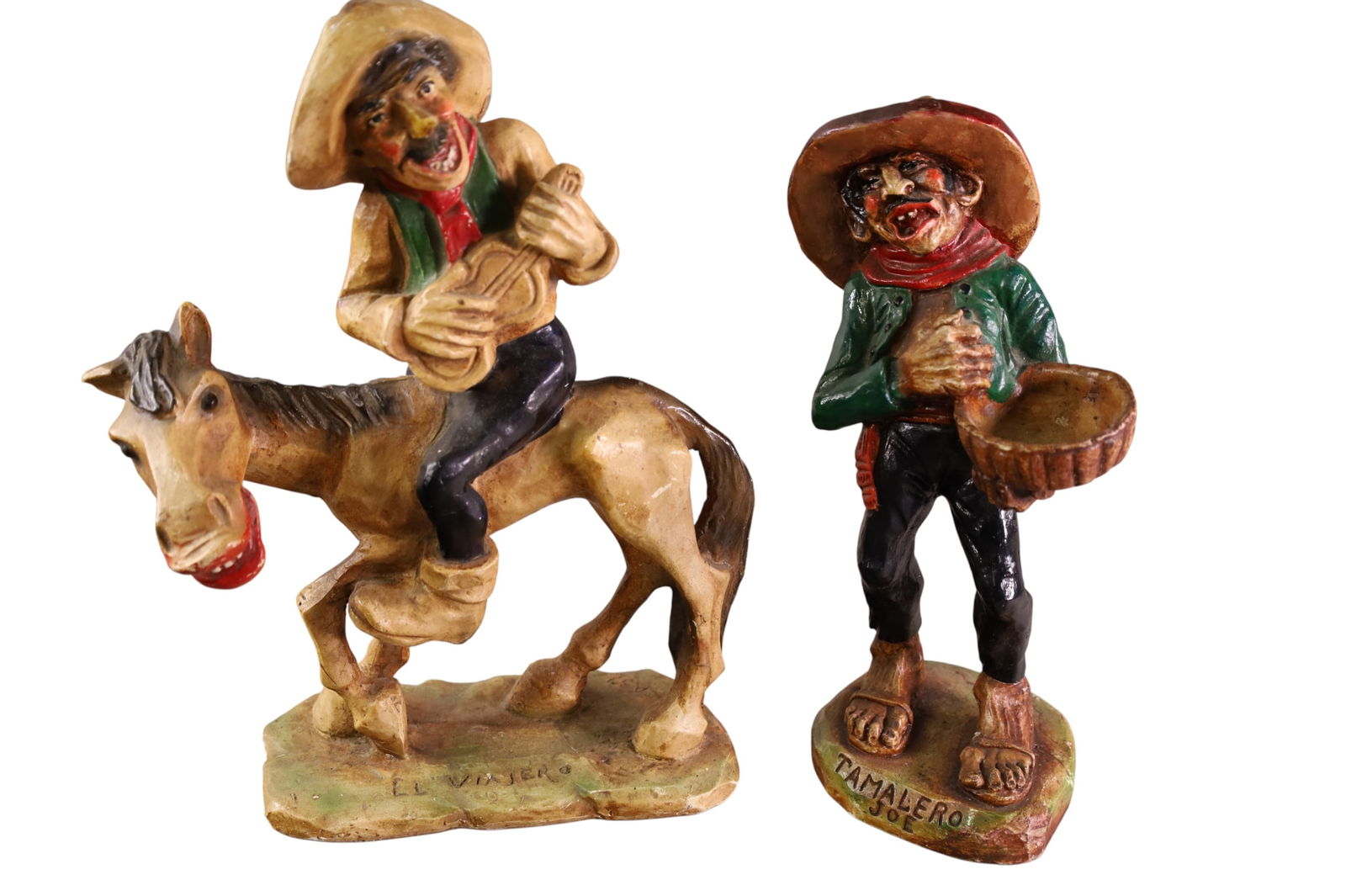 MEXICAN MOTIF CHALKWARE FIGURES: MEXICAN MOTIF CHALKWARE FIGURES, TAMALERO JOE, & EL VIAJERO. 11" H. SMALL CHIPS.