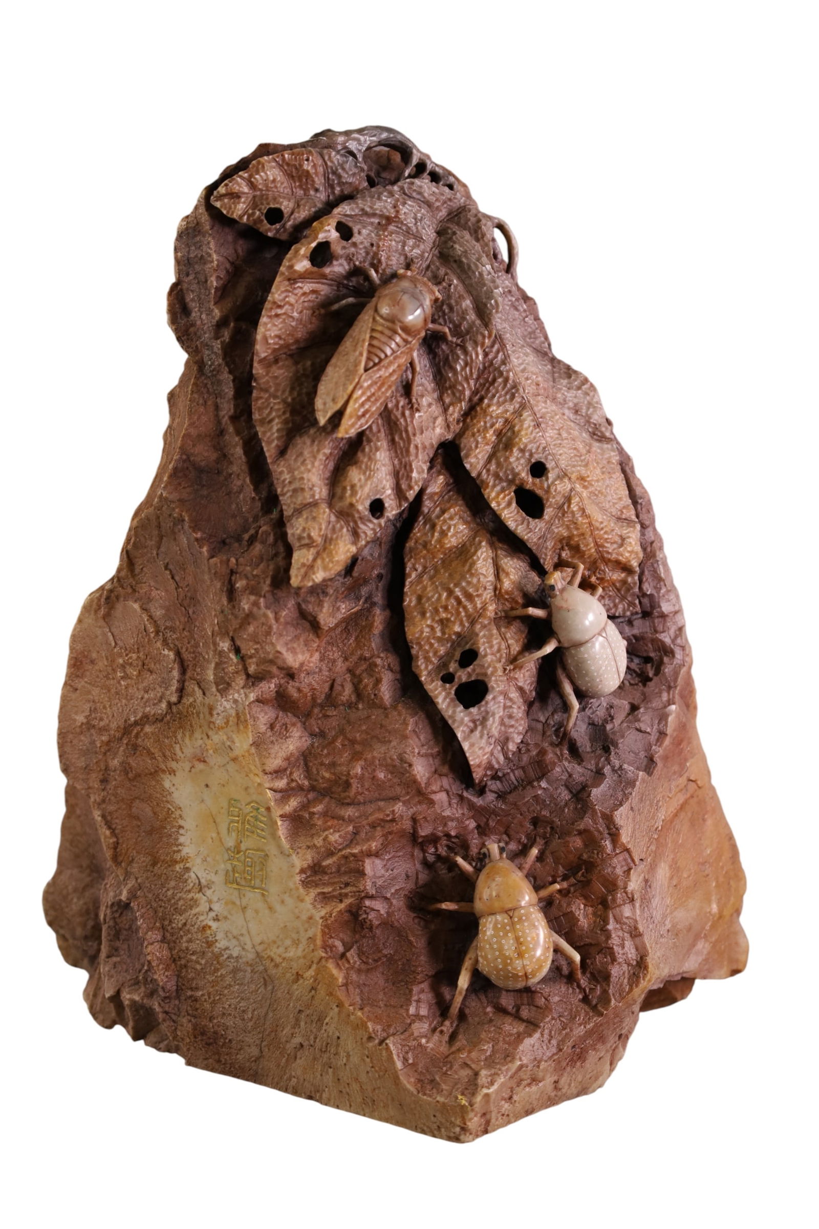 JAPANESE SHOUSHAN STONE: LARGE JAPANESE SHOUSHAN STONE WITH INSECT CARVING. 11" H.