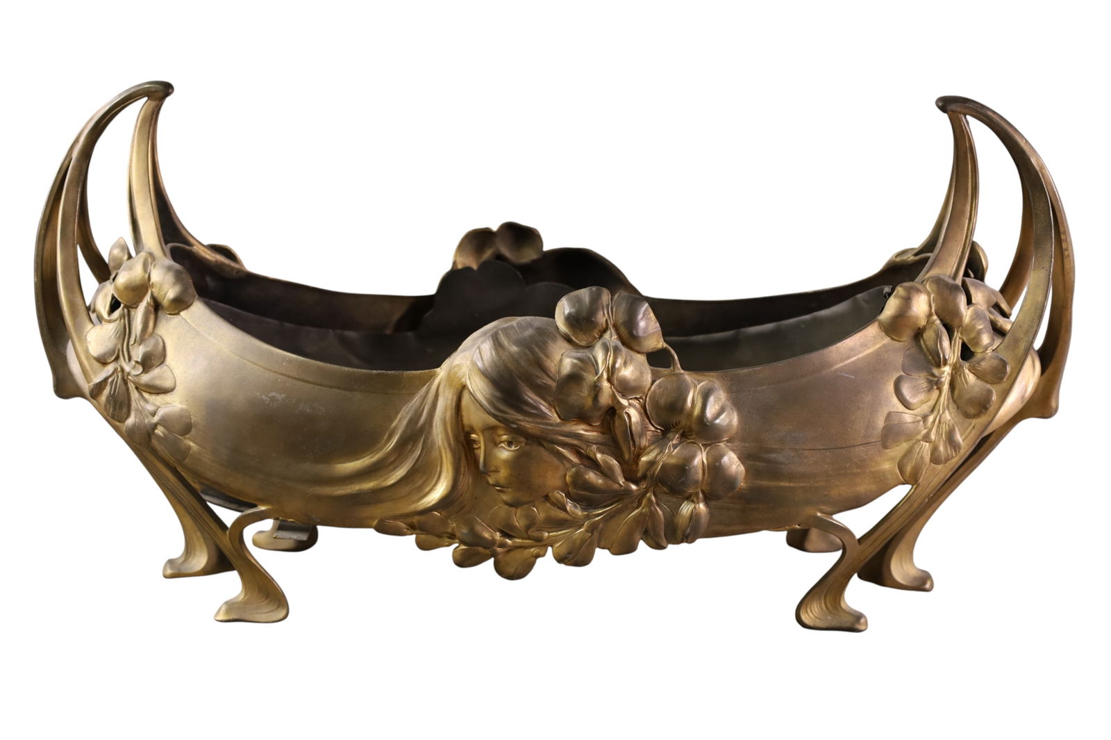 ART NOUVEAU FIGURAL CENTER PIECE: LARGE ART NOUVEAU CAST METAL CENTER PIECE, TWO HANDLED. WITH LINER. 22" W x 11" H.