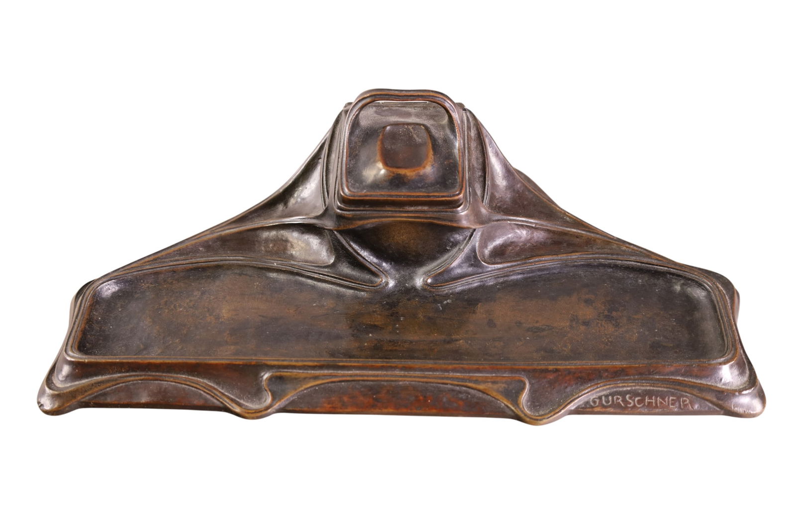 ART NOUVEAU BRONZE INKWELL: ATTRIBUTED TO GUSTAV GURSCHNER BRONZE INKWELL, MISSING THE INSERT. 11 1/2" W x 3 1/2" H.