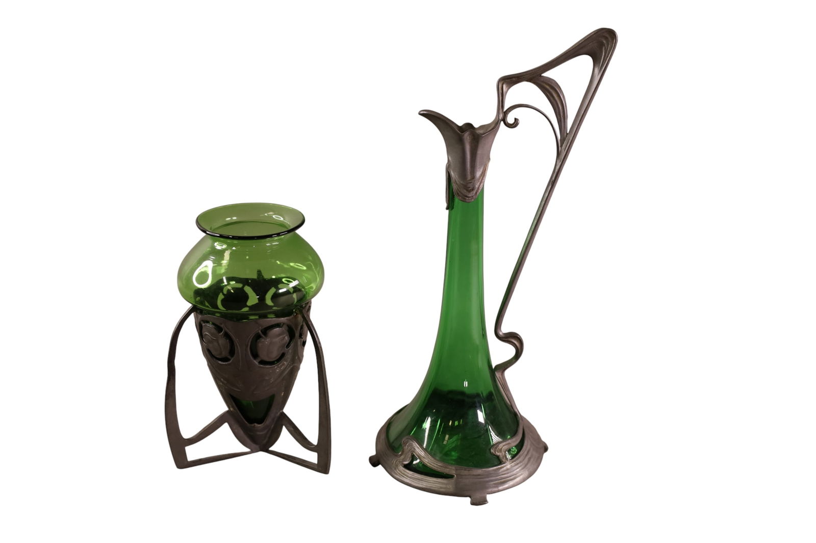 2 PIECES OF ART NOUVEAU PEWTER: GREEN GLASS & PEWTER ART NOUVEAU PITCHER & VASE. 7" - 11" H.