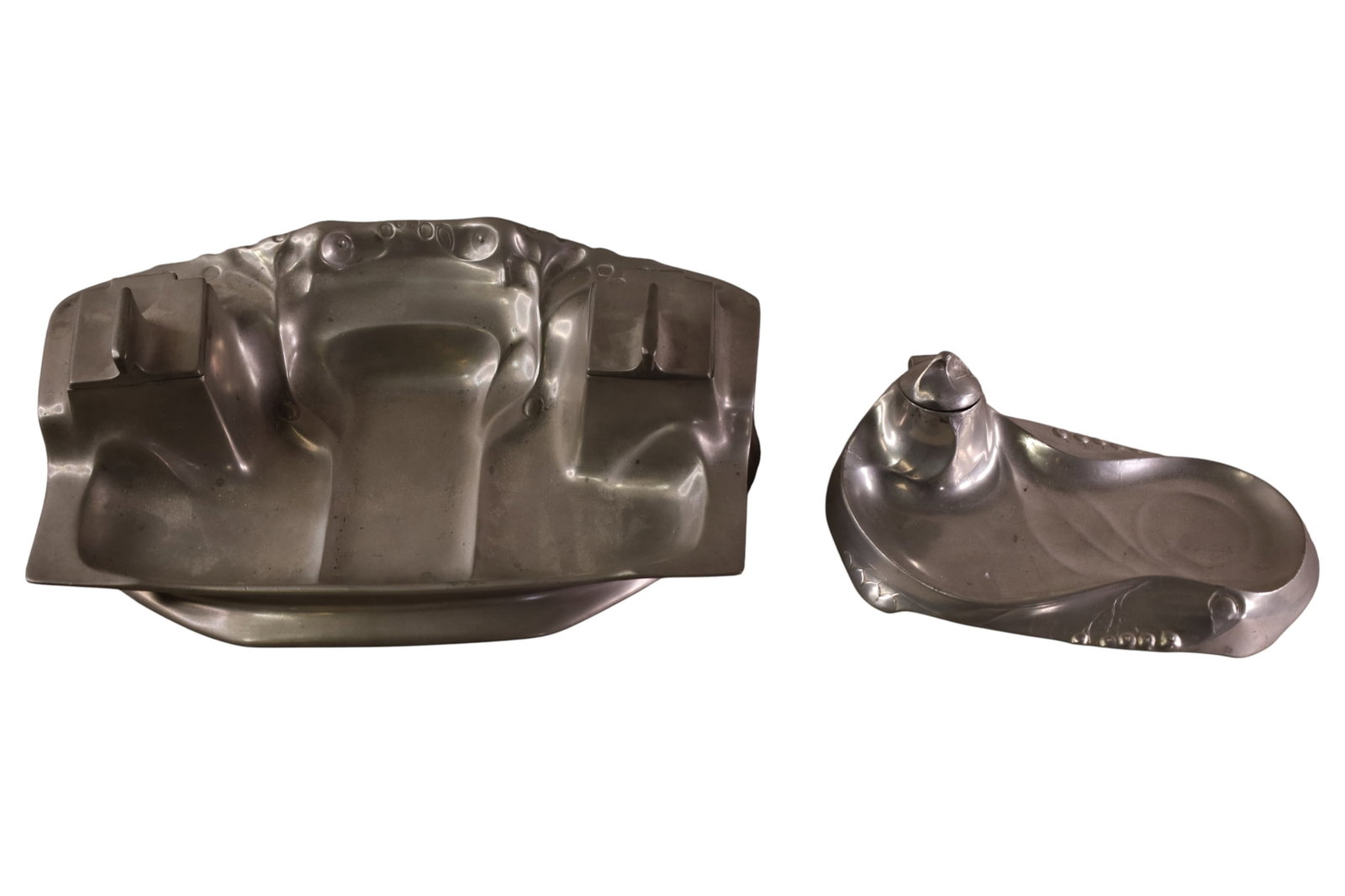 2 ART NOUVEAU PEWTER INKWELLS: DOUBLE INKWELL & SINGLE INKWELL. 12 1/2" H. & 8 1/2"