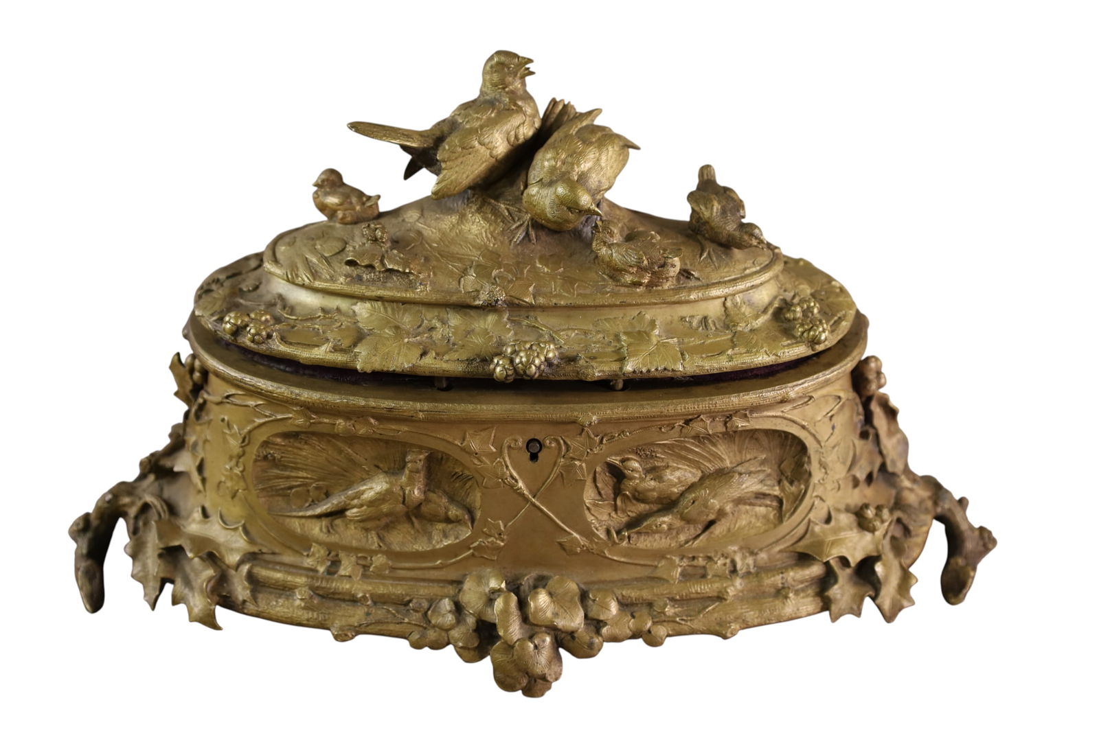 LARGE BRONZE MUSIC BOX: LARGE FIGURAL BRONZE REUGE MUSIC BOX. WORKING. 12" W.
