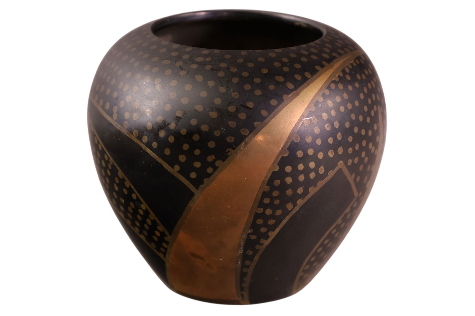 FRENCH MIXED METAL VASE: FRENCH DINANDERIE MIXED METAL VASE, MARKED FRANCE ON BASE. 5" H.