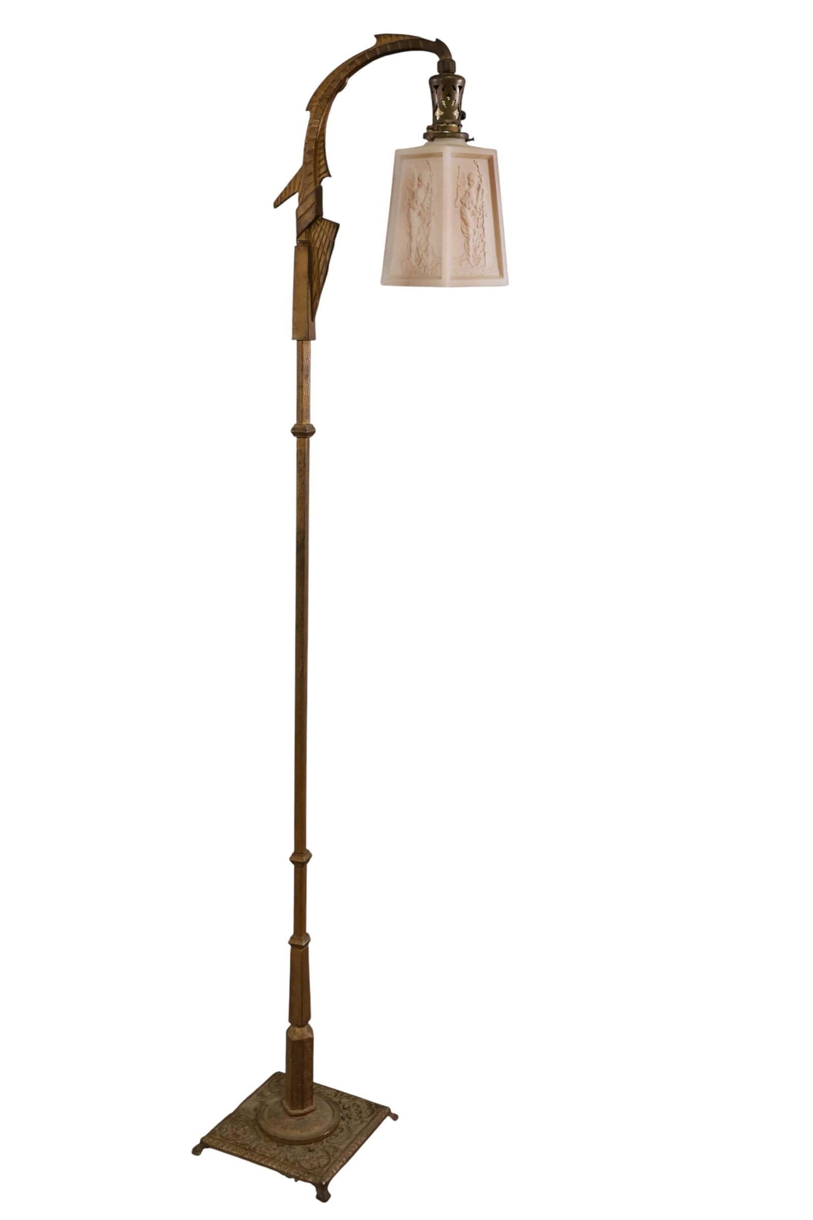 ANTIQUE FLOOR LAMP W/ FAIRY GLASS SHADE: ANTIQUE FLOOR LAMP WITH FAIRY GLASS SHADE. 63" H. THIS ITEM EXCEEDS SIZE LIMITATIONS FOR IN HOUSE SHIPPING, MUST BE PICKED UP IN HOUSE OR SHIPPED VIA 3rd PARTY GROUND SHIPPER.