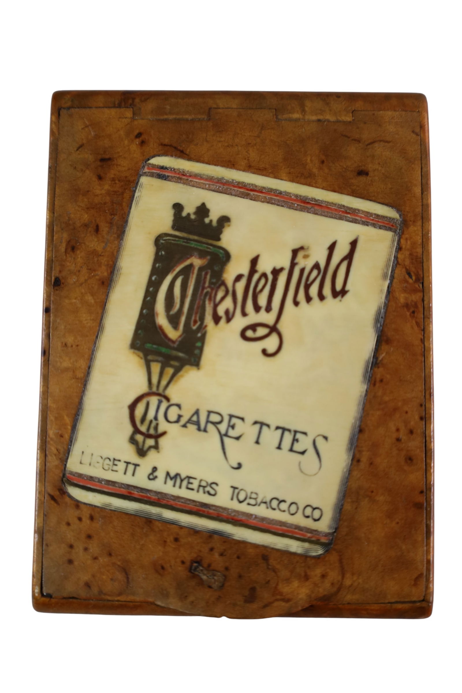 ANTIQUE RUSSIAN CIGARETTE CASE: CHESTERFIELD CIGARETTE CASE, BURLED. 4" x 3"