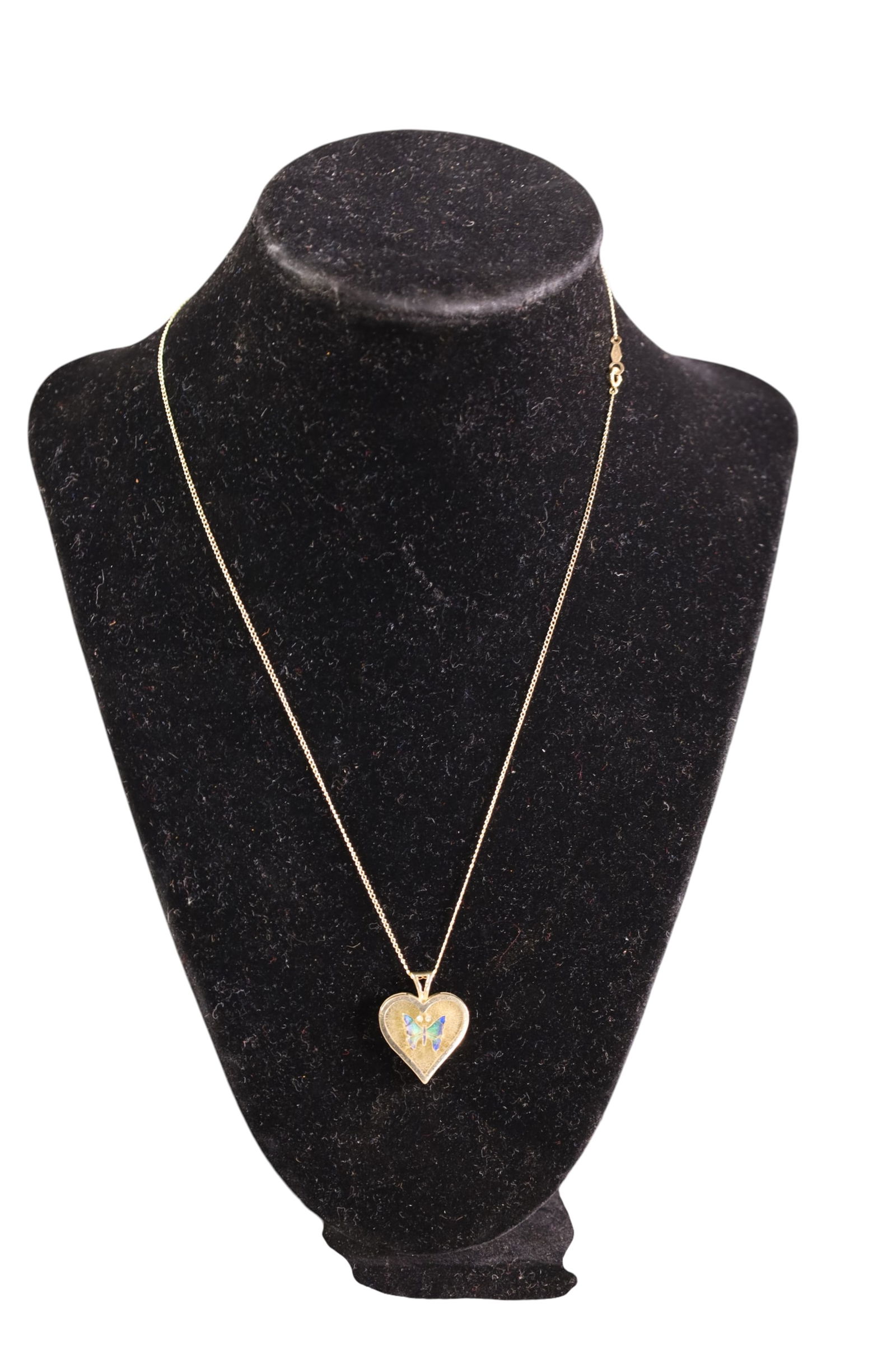 14K GOLD NECKLACE WITH BUTTERFLY PENDANT: 14K GOLD NECKLACE WITH ENAMEL DECORATED BUTTERFLY HEART SHAPED PENDANT.