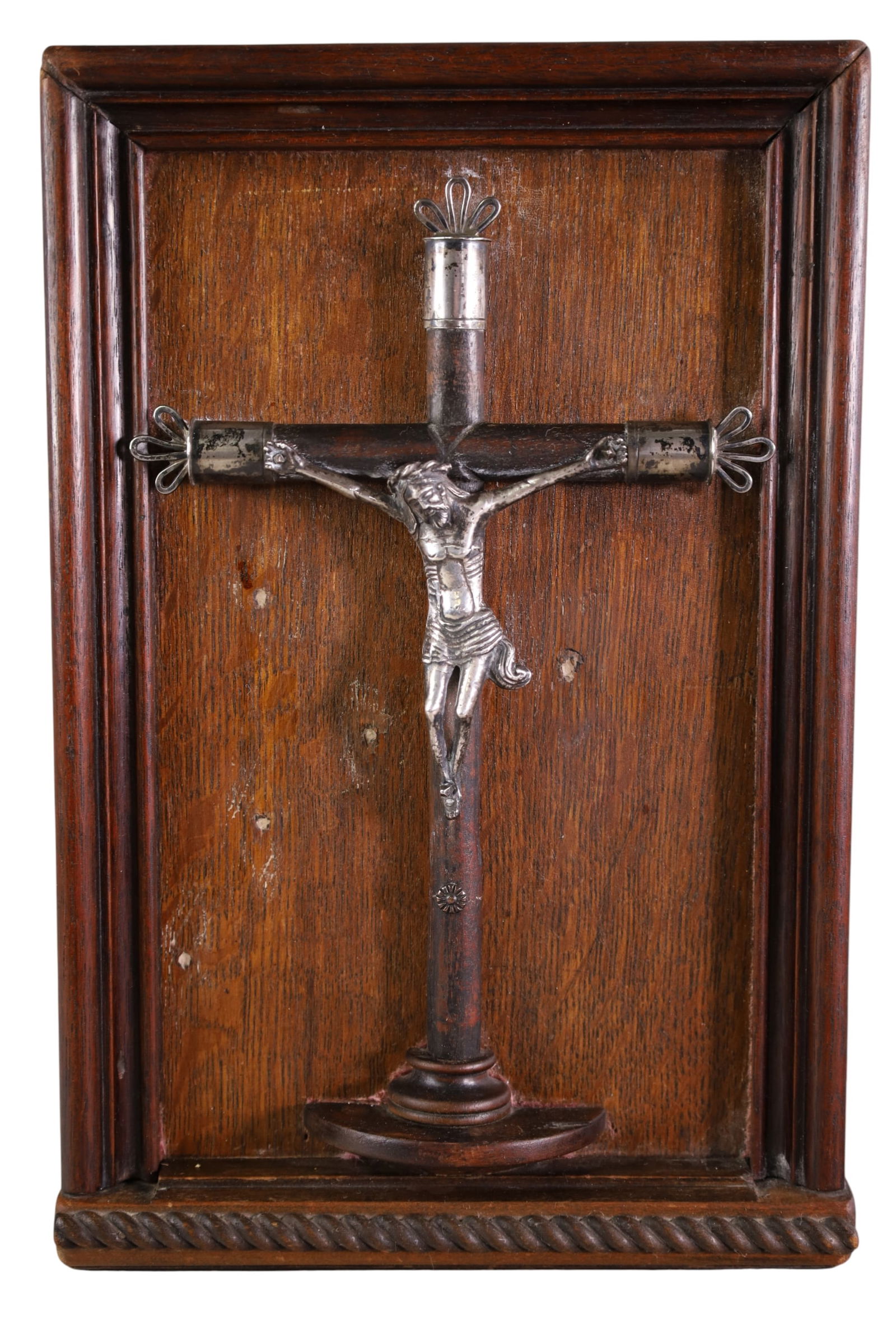 SILVER BANDED CRUCIFIX: WALL HANGING SILVER BANDED CRUCIFIX. 13 1/2" x 9"