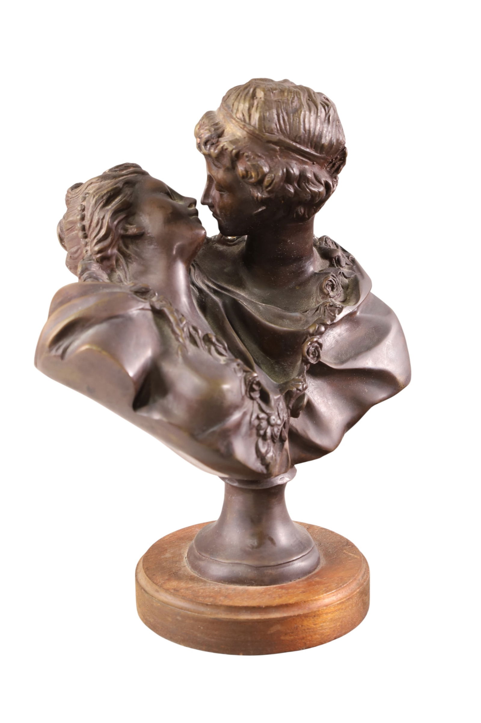 BRONZE BUST: DOUBLE FIGURE BRONZE BUST, TITLED THE KISS GIVEN, AFTER JEAN ANTOINE HOUDON. 11 1/2" H.