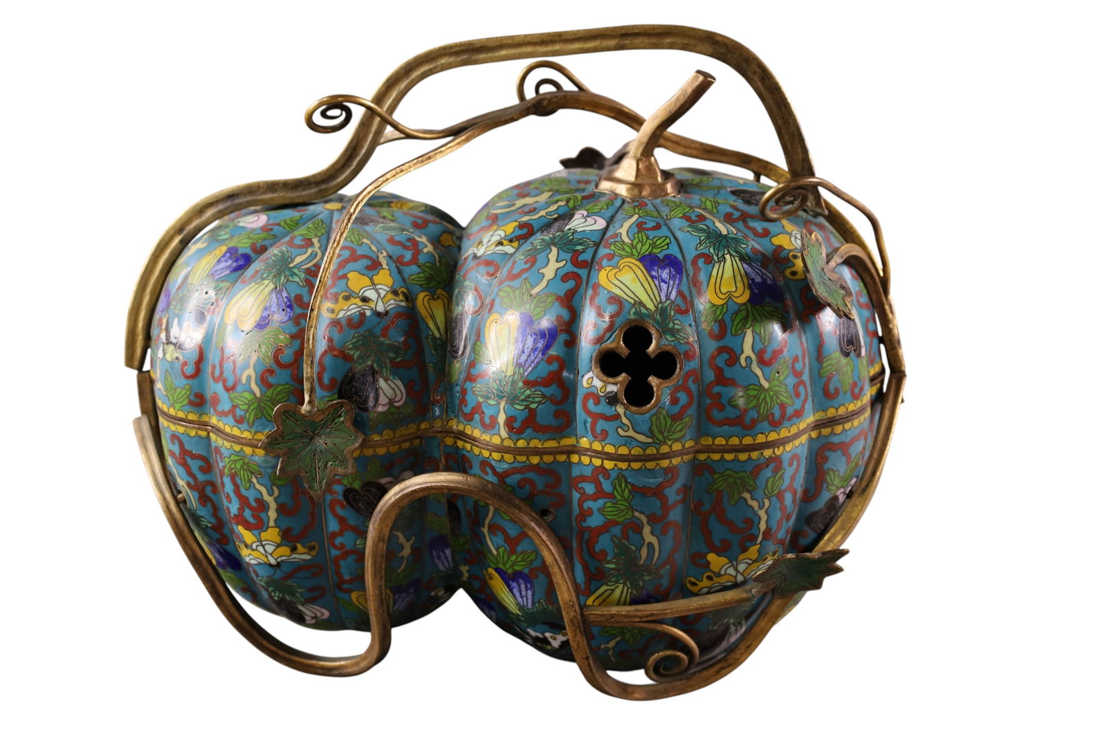 LARGE CHINESE CLOISONNE CENTER PIECE: LARGE CHINESE BRONZE AND CLOISONNE DOUBLE PUMPKIN FORM CENTER PIECE, LIDDED. 13" W . 10 1/2" H.