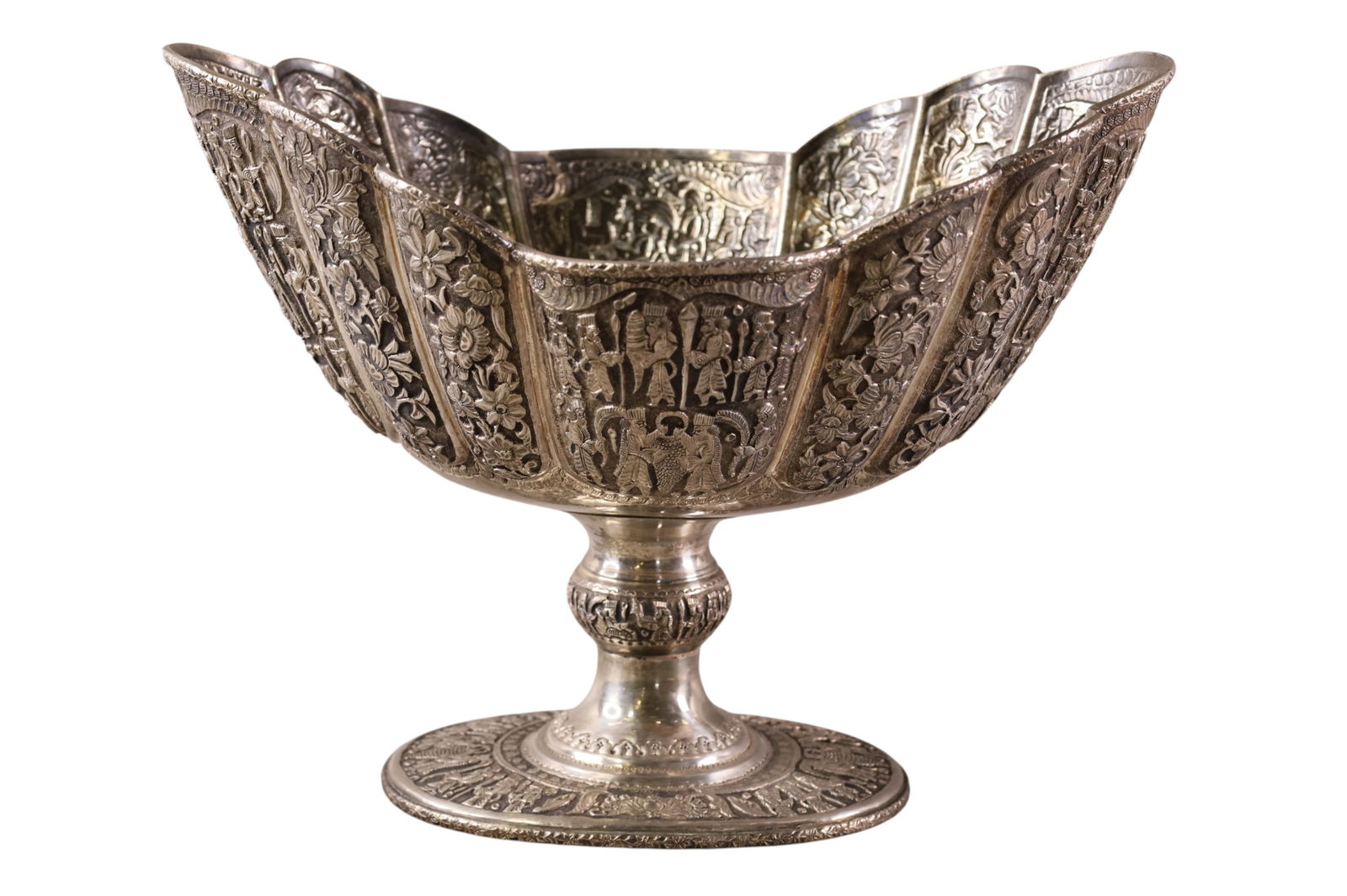 LARGE PERSIAN REPOUSSE SILVER CENTER PIECE: MARKED 84 PERSIAN (IRANIAN) SILVER CENTER PIECE, FOOTED, MARKED ON RIM. 15" W x 12" H. APPROX 1842