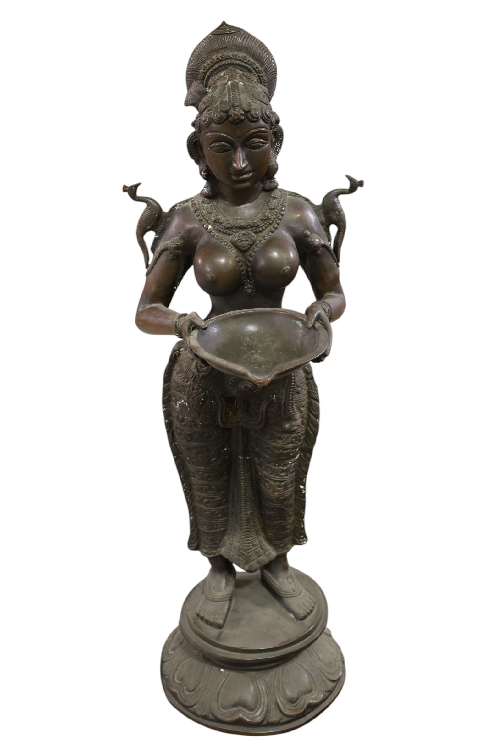 OVER 3' TALL BRONZE HINDU GODDESS: GODDESS LAKSHMI BRONZE FIGURE, 38 1/2" H. THIS ITEM EXCEEDS SIZE LIMITATIONS FOR IN HOUSE SHIPPING, MUST BE PICKED UP IN HOUSE OR SHIPPED VIA 3rd PARTY GROUND SHIPPER.