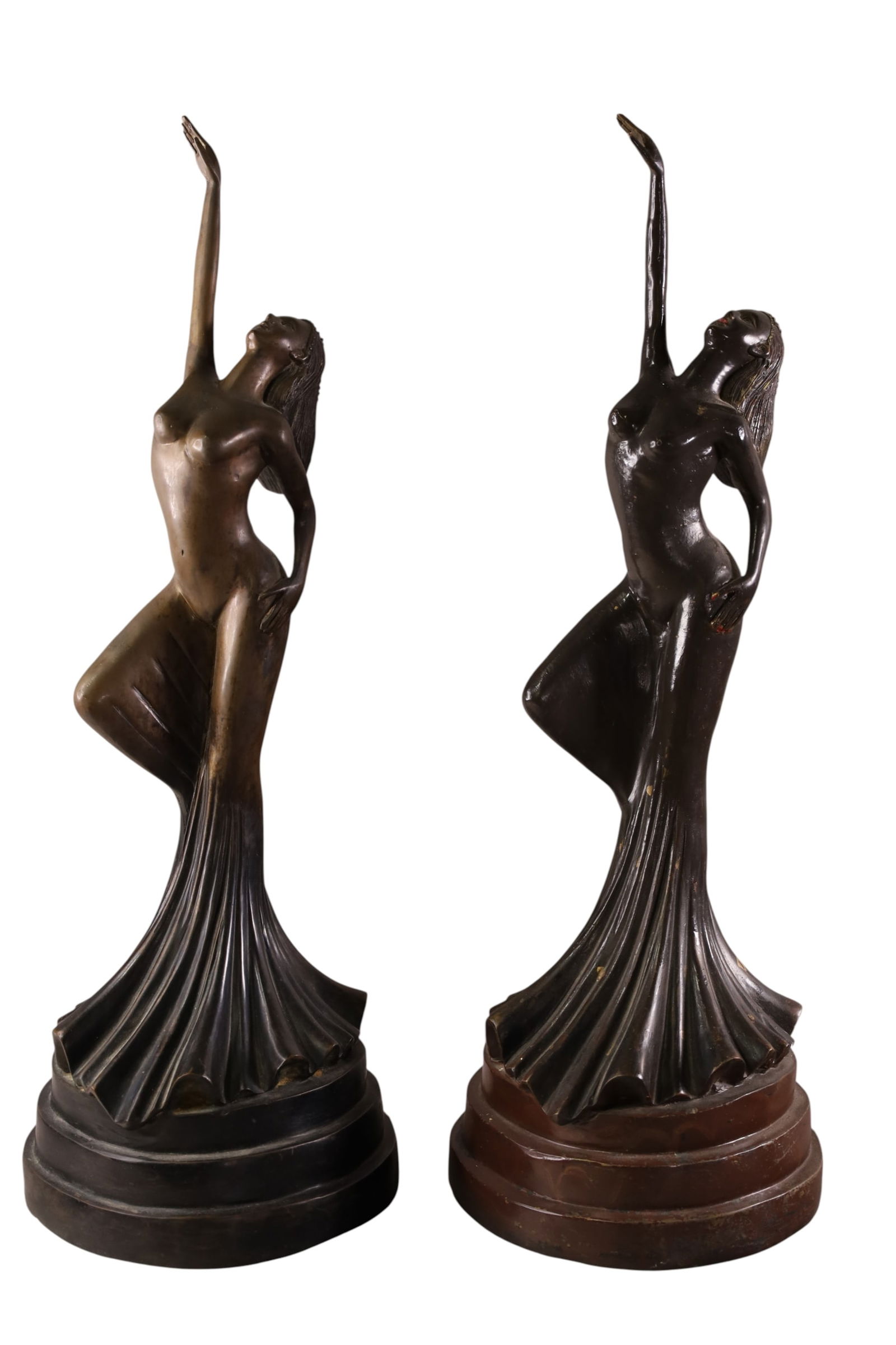 PAIR OF NUDE ART DECO STYLE BRONZES: PAIR OF LARGE NUDE FEMALE ART DECO STYLE BRONZES, ONE HAS BEEN POLISHED. UNSIGNED, 27" H.