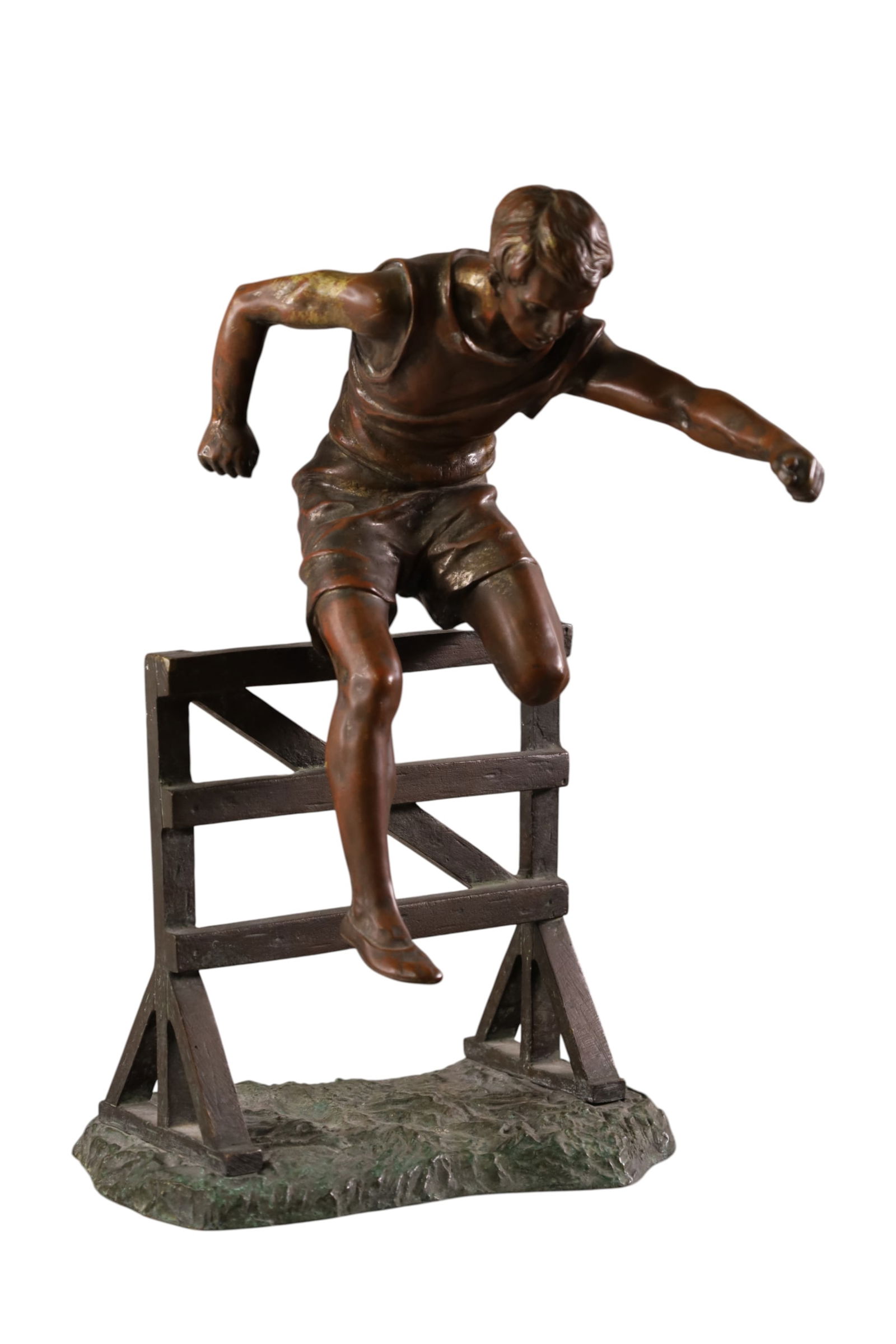 BRONZE HURDLER SCULPTURE: BRONZE SCULPTURE OF HURDLER, SIGNED BOFILL, 14 1/2" H.