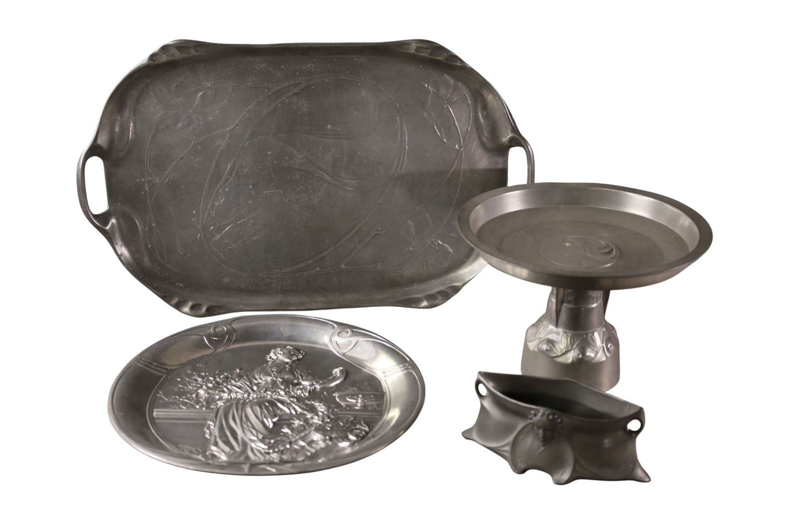 4 PIECES OF ART NOUVEAU PEWTER: ART NOUVEAU PEWTER, TRAYS, COMPOTES, AND DISH WITH LADY DECORATION. 7" - 19" W.