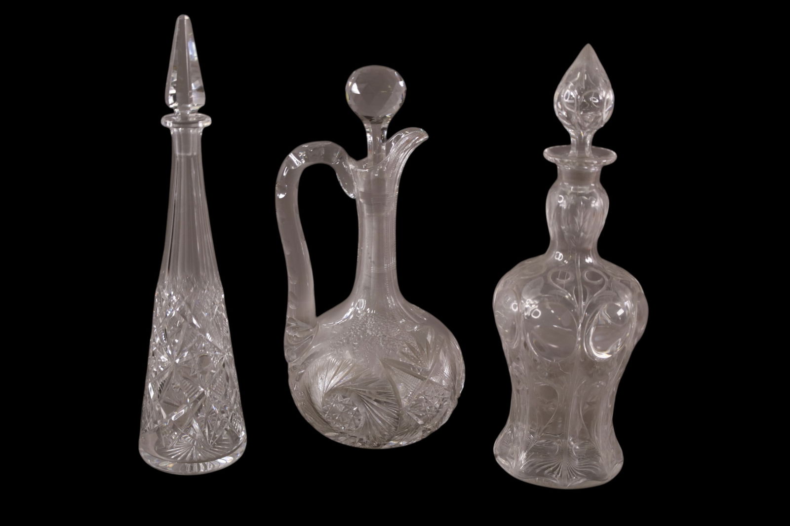 3 PIECES OF CUT GLASS: 3 CUT GLASS, CRUETS & DECANTERS. AMERICAN BRILLIANT. 13" H.