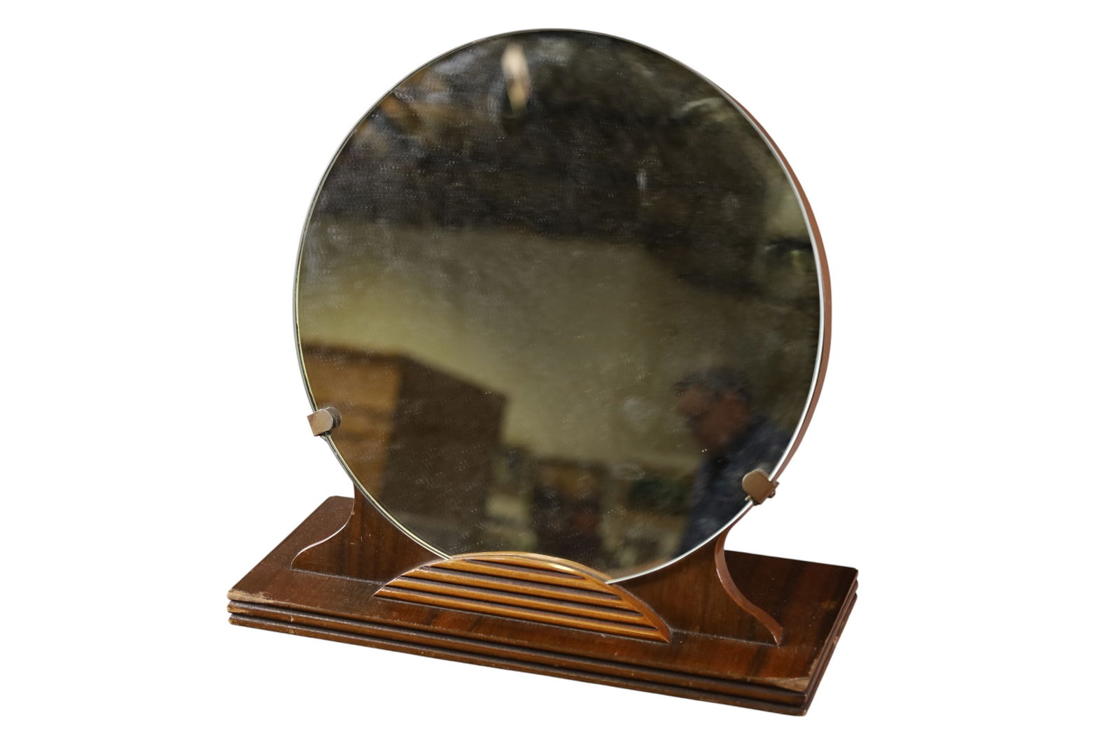 ART DECO VANITY MIRROR: WOODEN BASE ART DECO VANITY MIRROR. 12" DIAM x 14" H.
