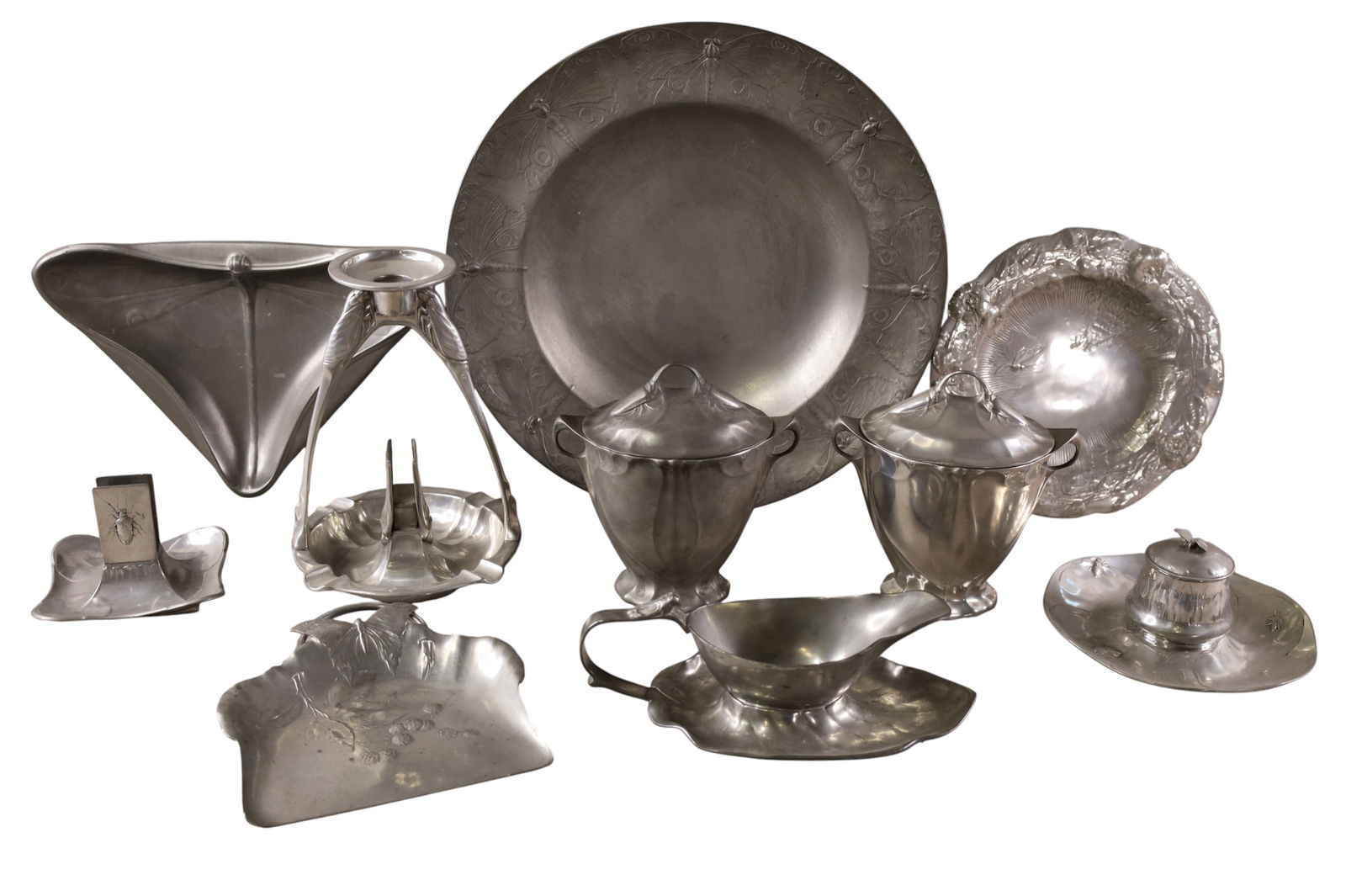 GROUPING OF INSECT DECORATED PEWTER: INSECT DESIGNED PEWTER INCLUDING DRAGONFLIES, BEETLES, & BUTTERLIES. 5" - 16" W.