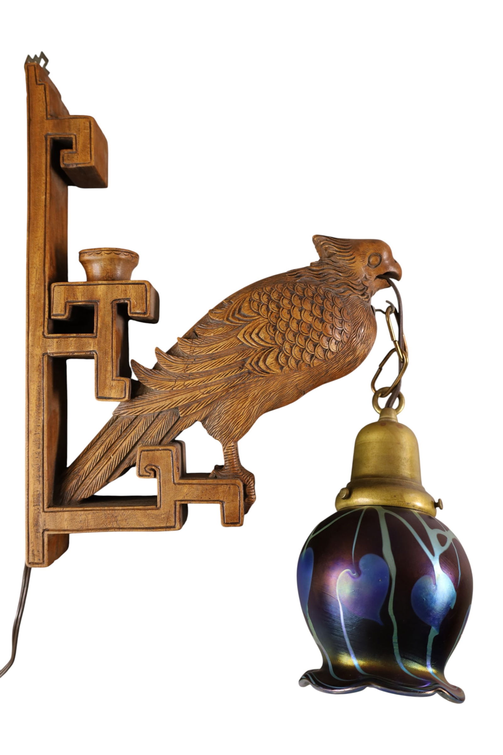 CARVED WOOD BIRD WALL SCONCE: SIGNED PHOENIX ART GLASS SHADE W/ BLEEDING HEART DESIGN, CARVED WOOD BIRD WALL SCONCE. 14" H.