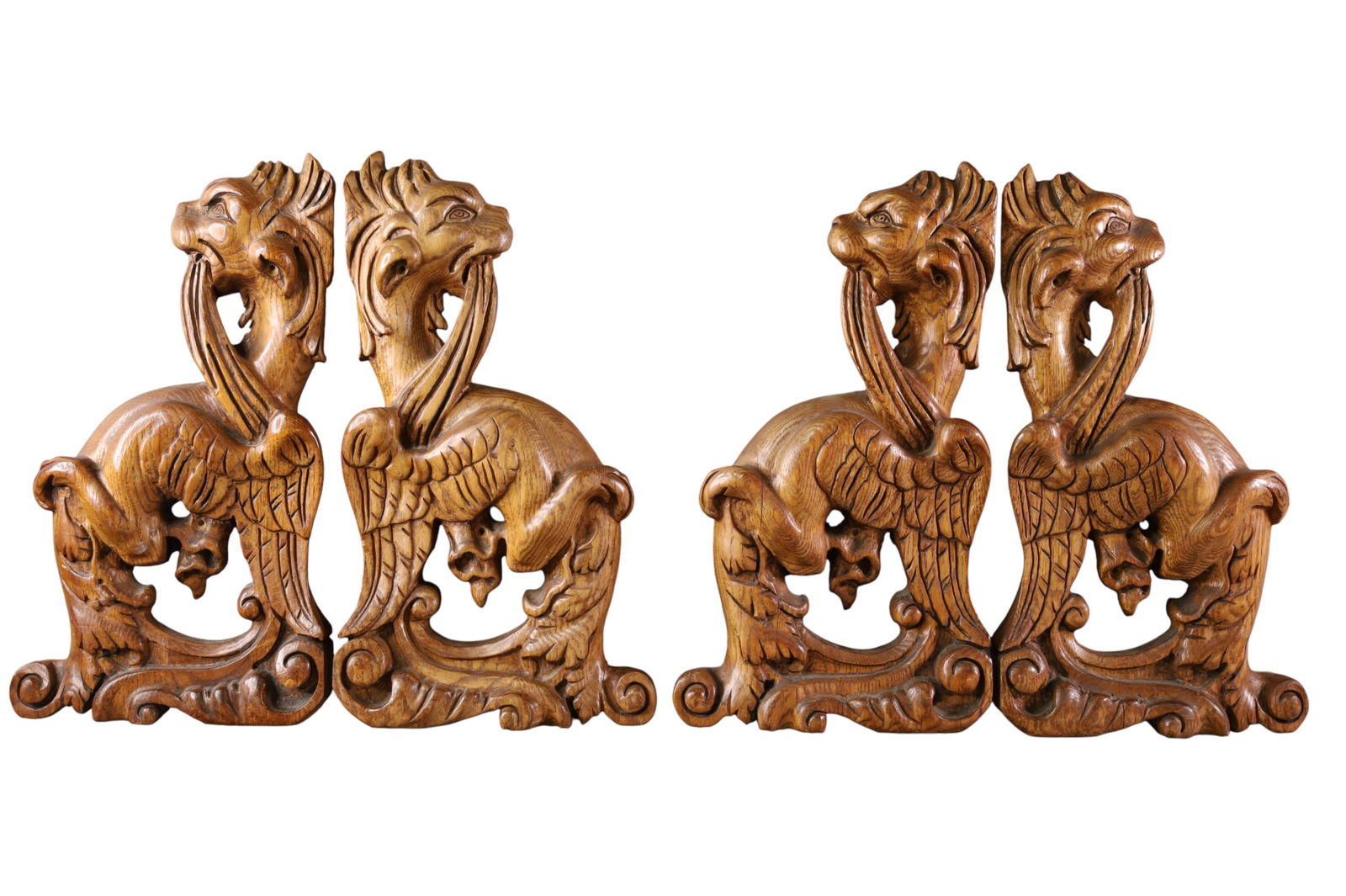 2 PAIRS OF WING GRIFFIN CARVED OAK PANELS: 2 PAIRS OF WING GRIFFIN CARVED PANELS, 11" x 20"