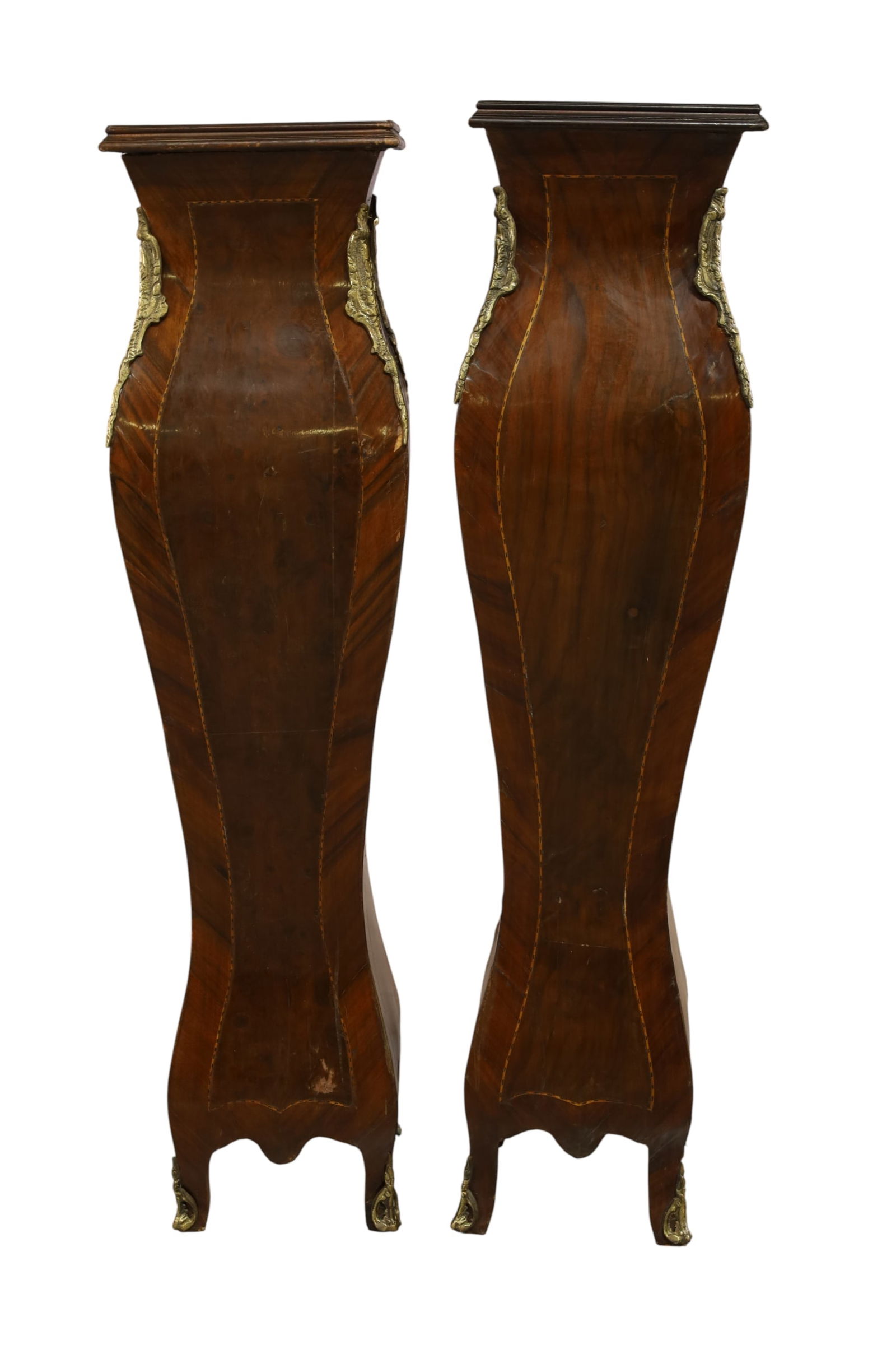 PAIR OF FRENCH PEDESTALS: PAIR OF INLAID FRENCH PEDESTALS, SOME VENEER DAMAGE, 44" & 45" H. & 11" x 11" TOPS. THIS ITEM EXCEEDS SIZE LIMITATIONS FOR IN HOUSE SHIPPING, MUST BE PICKED UP IN HOUSE OR SHIPPED VIA 3rd PARTY